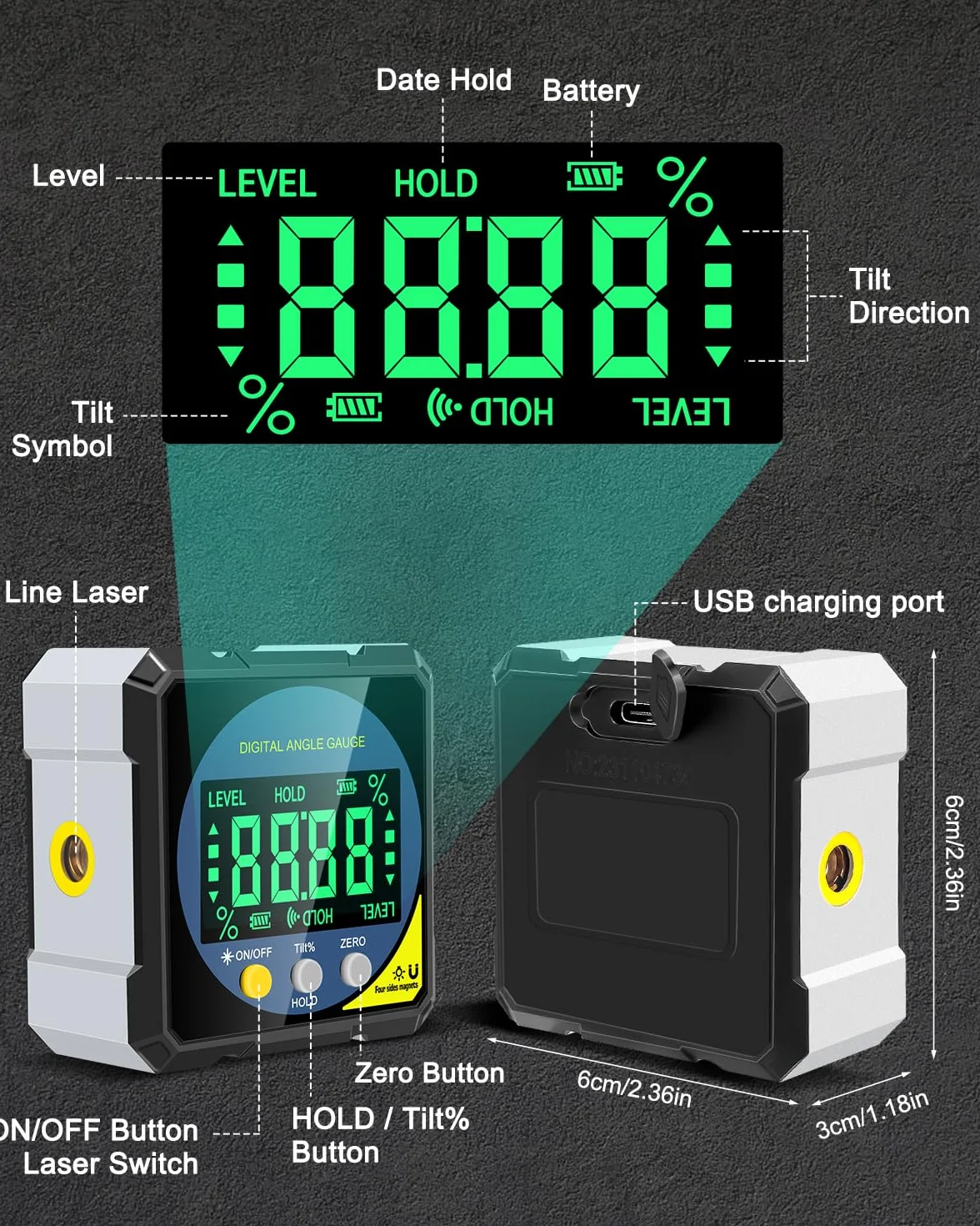 Lytool Cyfrowy kątomierz laserowy z magnesem i wyświetlaczem LCD, Type-C, do drewna i budownictwa