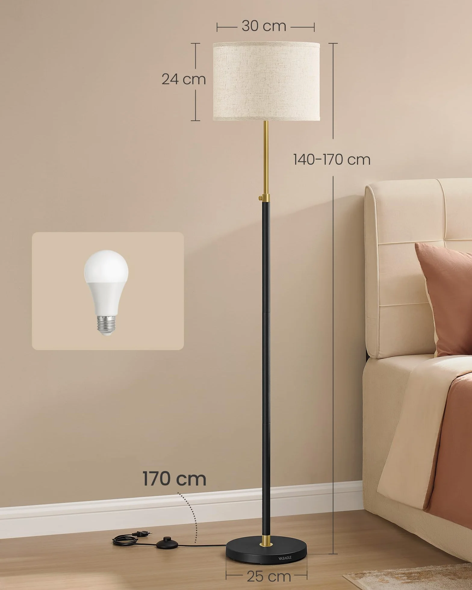 VASAGLE Lampa stojąca, regulowana wysokość 140-170 cm, styl nowoczesny, przełącznik nożny, abażur z tkaniny, oprawka E27, kolor złoty i czarny LFL002B02