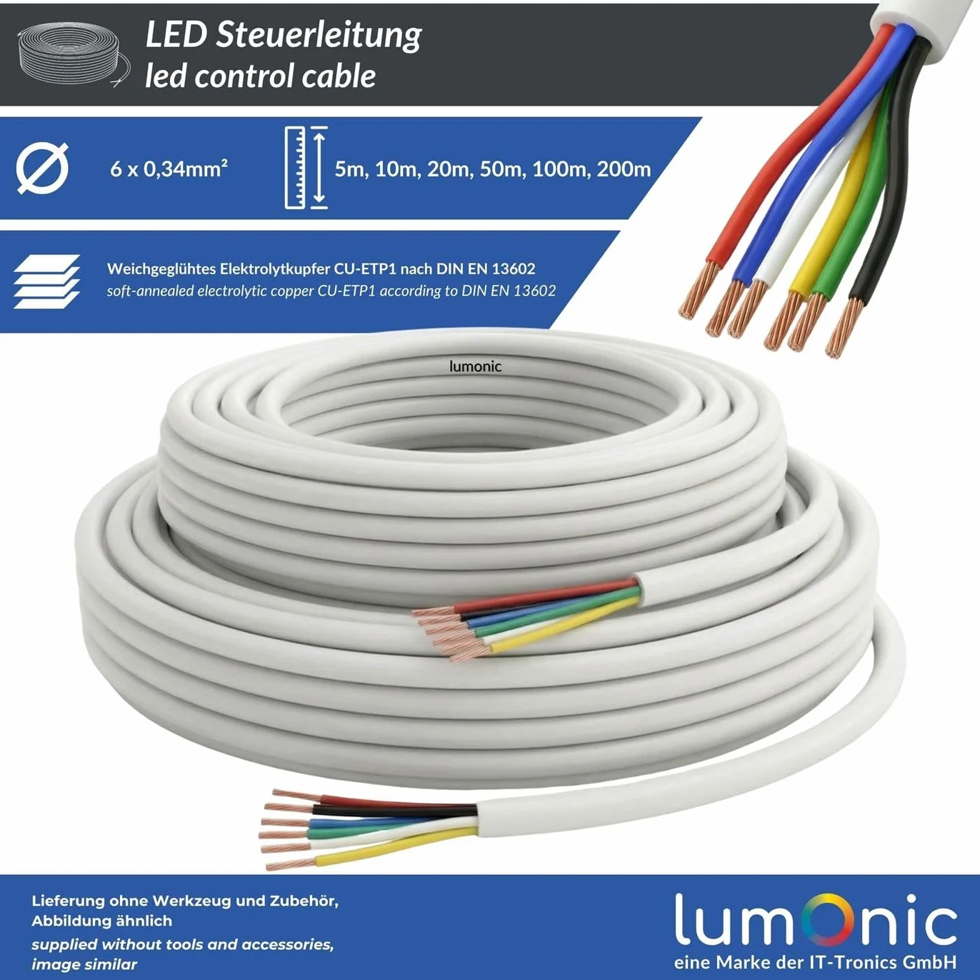 Lumonic 6x0,34mm² RGBW CCT LED Kabel sterujacy 10m LiYY Przewód zasilajacy