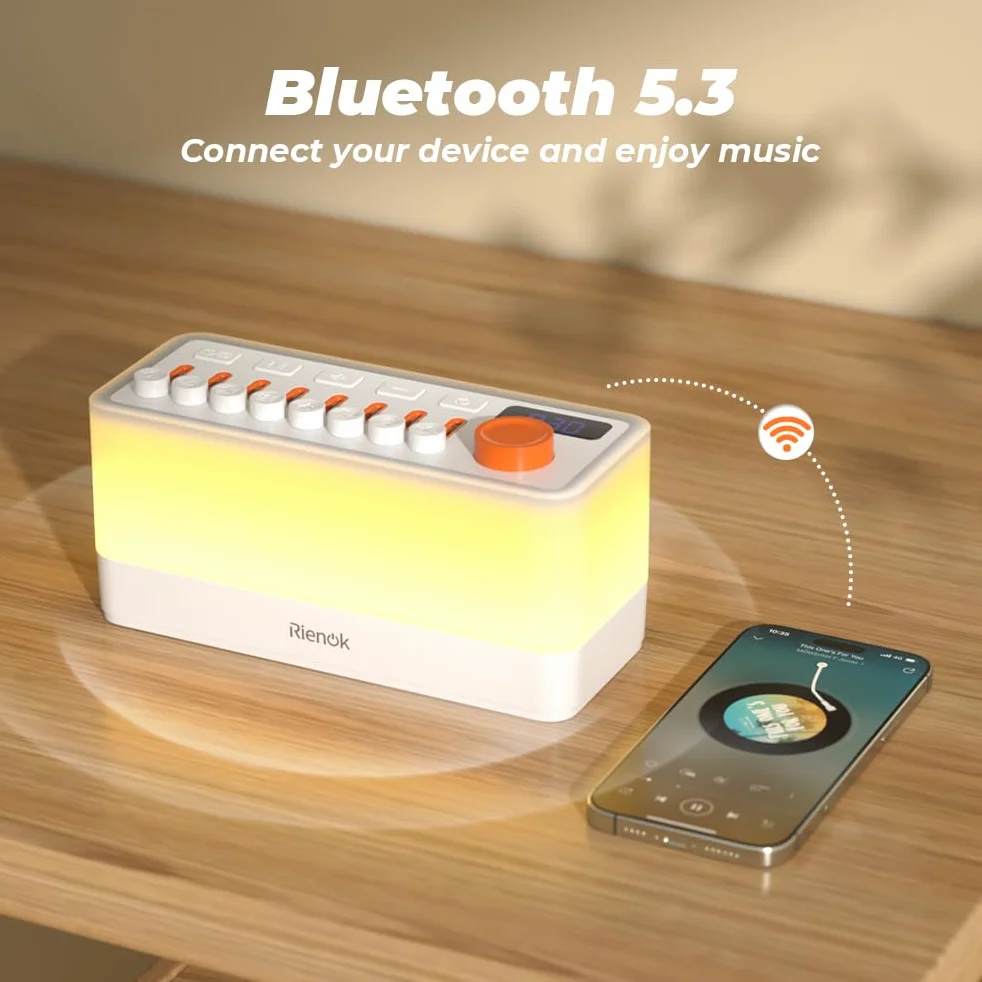 RIENOK Głośnik Bluetooth z lampką nocną, 11 kolorów RGB, ściemnialna lampka nocna, 8 dźwięków natury, maszyna dźwiękowa, prezenty dla dzieci, dziewcząt, nastolatków, kobiet