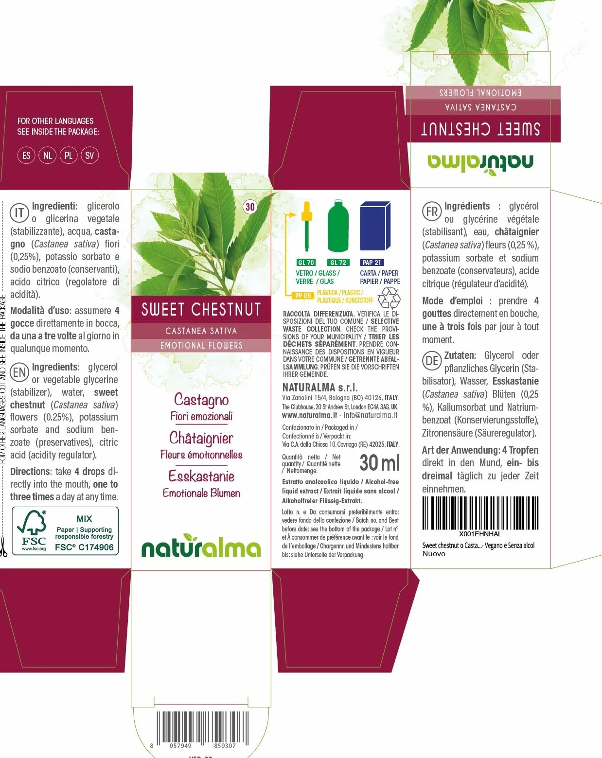 Naturalma Krople 30 ml Płynny ekstrakt bezalkoholowy Esencje kwiatowe Wegański Kasztan jadalny Castanea sativa