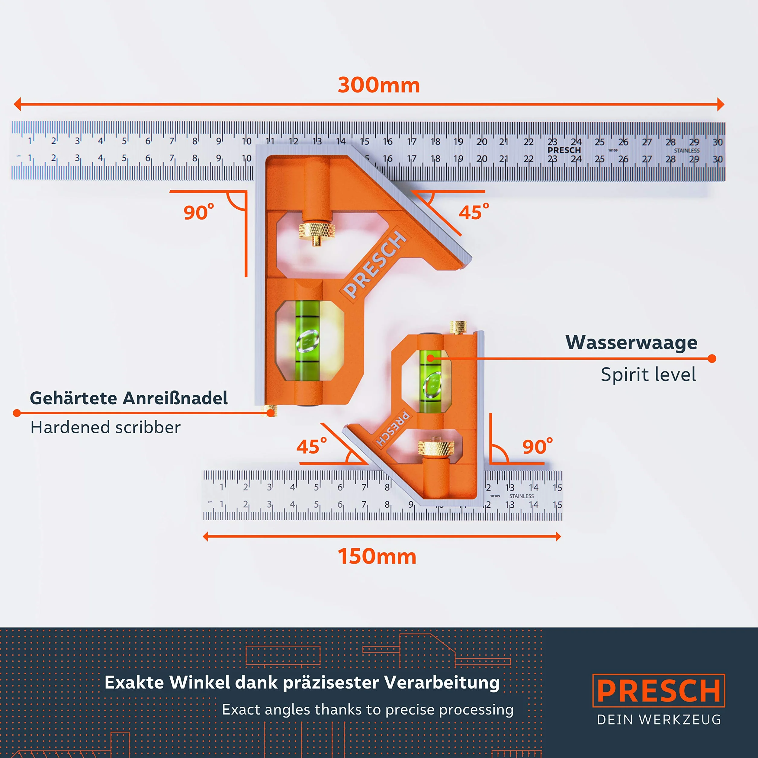 Presch Zestaw Kwadrat kombinowany 150mm & 300mm Metric - Dwa precyzyjne metalowe narzędzia stolarskie z linijką - Wypróbuj zestaw kwadratów - Wysokiej jakości narzędzie pomiarowe