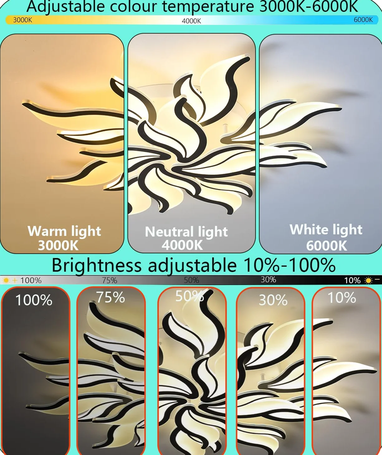 0W ściemnialna lampa sufitowa LED z pilotem zdalnego sterowania,czarna lampa sufitowa,nowoczesna oprawa oświetleniowa z 15 głowicami akrylowymi,100 cm,do salonu,sypialni,restauracji (Czarny, Φ100cm)
