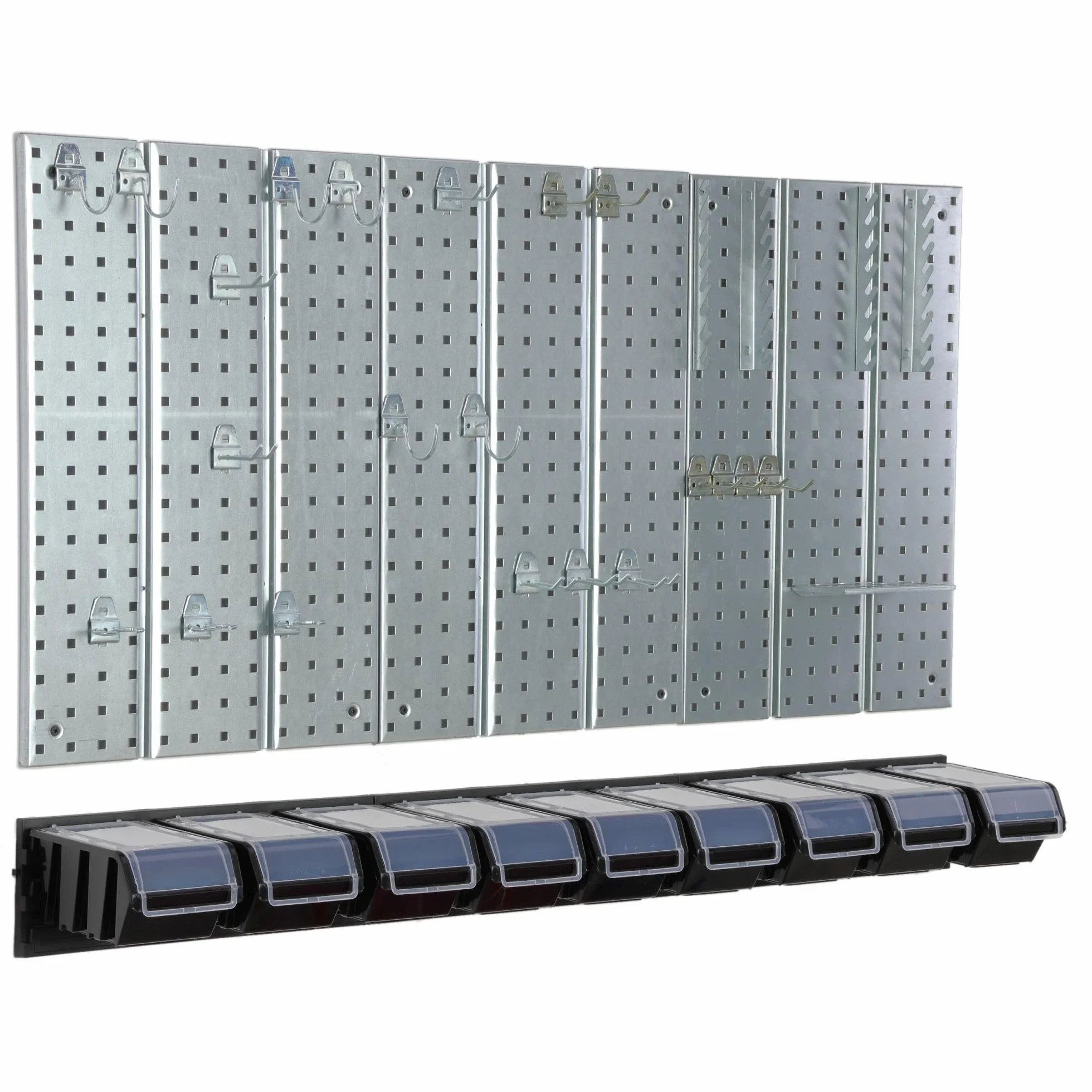 Metalowa ścianka narzędziowa 117 x 72 cm, system przechowywania z uchwytami na narzędzia, hakami narzędziowymi i 9 pudełkami do układania w stos 120 x 200 x 90 mm, kolor: czarny, deska perforowana do