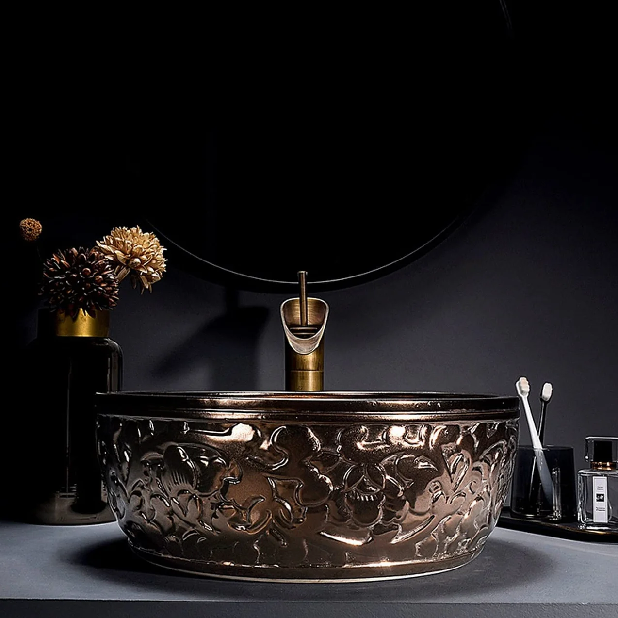 Zestaw Z Okrągłą Umywalką Nablatową I Baterią, Kreatywna Umywalka Łazienkowa Z Porcelany Z Metalową Glazurą, Umywalka Nablatowa Ceramiczna Do Łazienki W Barze