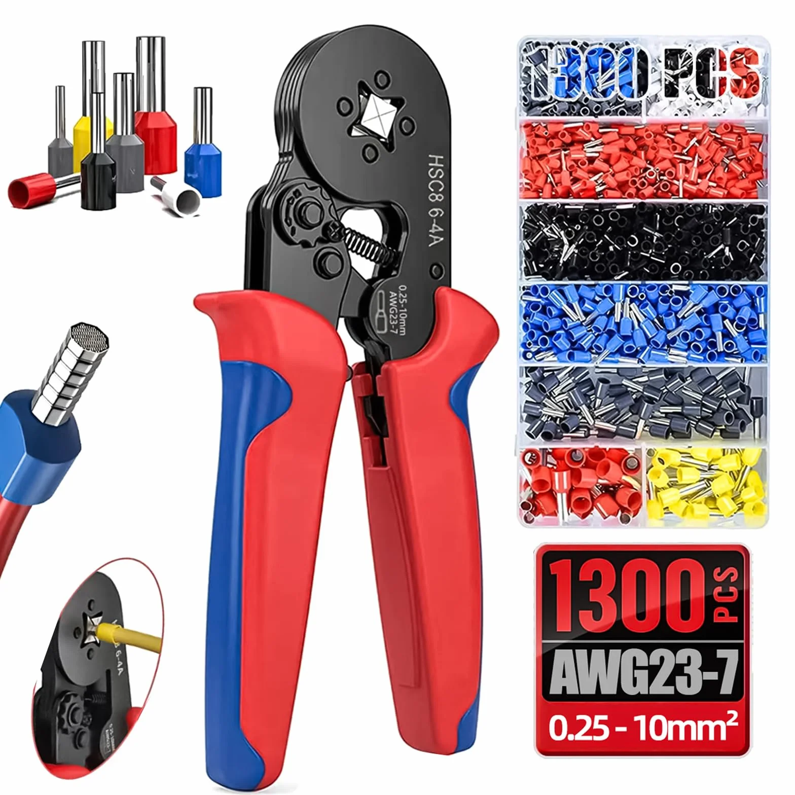 Zestaw 1300 szczypiec zaciskowych do tulejek kablowych – samoregulujące szczypce do tulejek kablowych 0,25 – 10 mm² – kwadratowe zagniatanie z funkcją grzechotki i ergonomicznym uchwytem – narzędzia