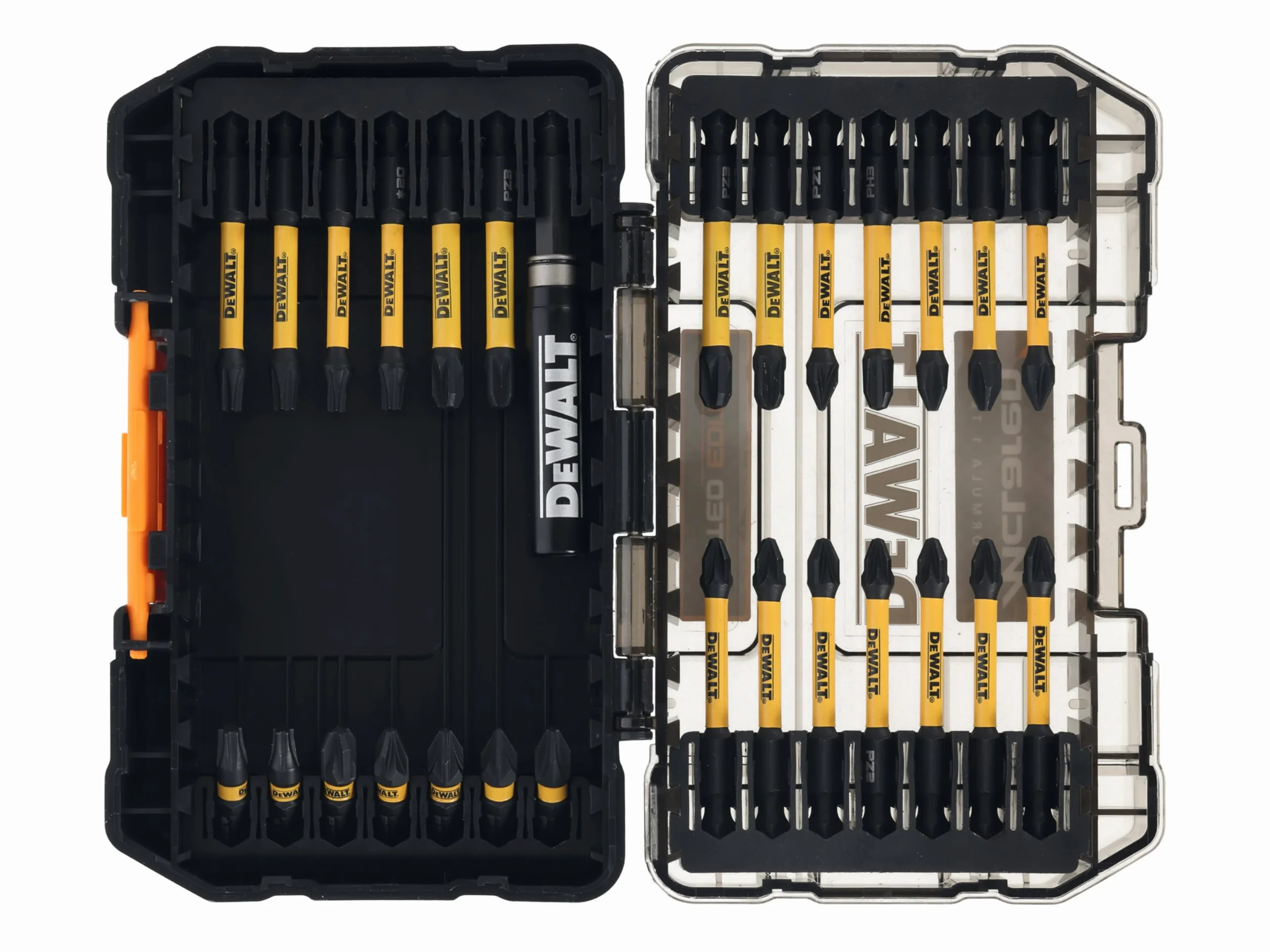 DEWALT 28-częściowy zestaw wkrętaków McLaren FLEXTORQ. Dostarczany w wytrzymałym etui +, jest to część obudowy kompatybilnej z systemem TSTAK™. Wytrzymałe etui można ze sobą spiąć w celu łatwego