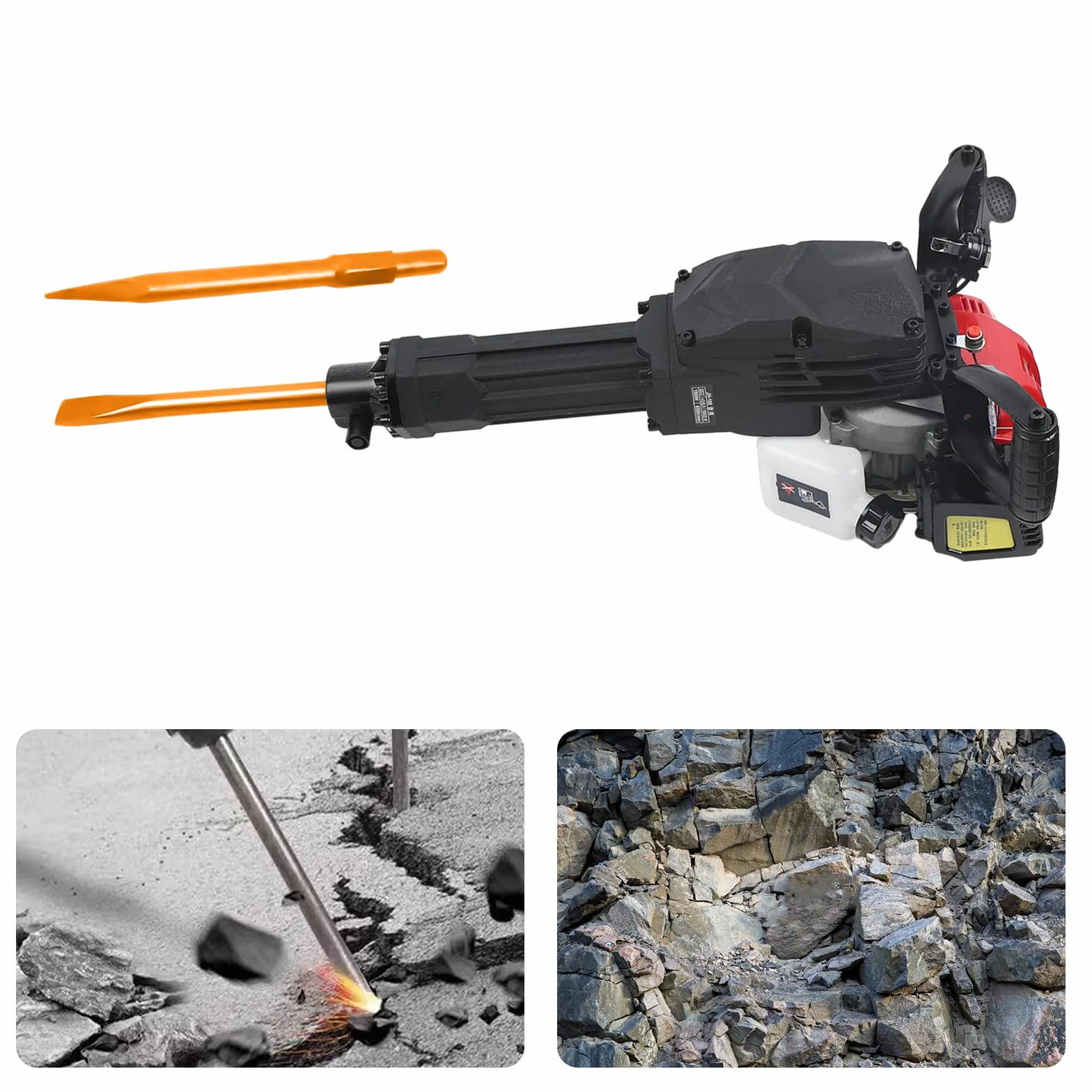 Młot do wyburzenia spalin benzynowy, 52 cc, 1900 W, młot dłutowy 20-55J, 1500 bpm, młot udarowy do betonu z dłutiem spiczastym i płaskim, narzędzie do rozbiórki 70 dB