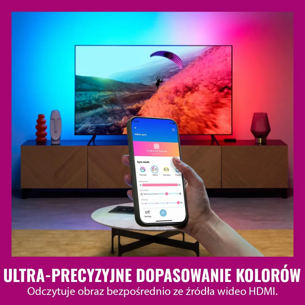 WiZ HDMI Sync Box z taśmą LED do TV, Synchronizuje światło z filmami, HDMI 2.0 Obsługuje 4K przy 60 Hz, Taśma LED RGBIC do telewizorów 55-65 cali, Sterowanie Aplikacją/Głosowe, Działa z Google i Alexą
