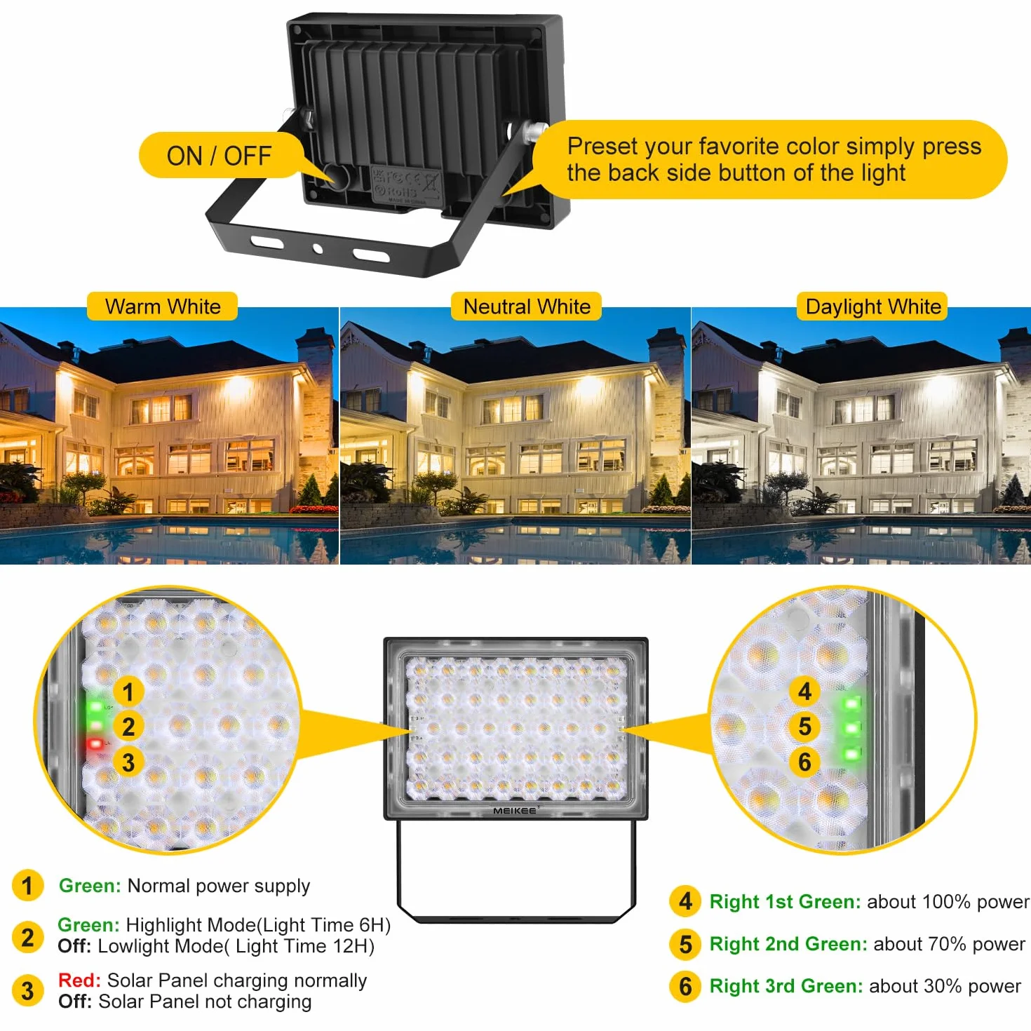 MEIKEE Zewnętrzny reflektor solarny z 78 diodami LED, pilot zdalnego sterowania, 3 tryby świecenia, jasność i kolor, wodoszczelność IP66, do ogrodu, garażu, tarasu