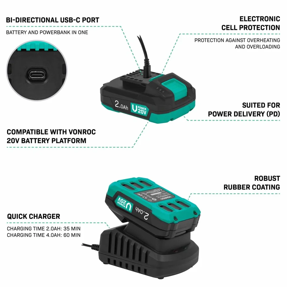 VONROC Multitool oscylator akumulatorowy 20 V, 6 prędkości, 7000-19 000 obr./min, akumulator 2,0 Ah, szybkie ładowanie, skrobaczka, ostrze zanurzeniowe, taca i papier ścierny