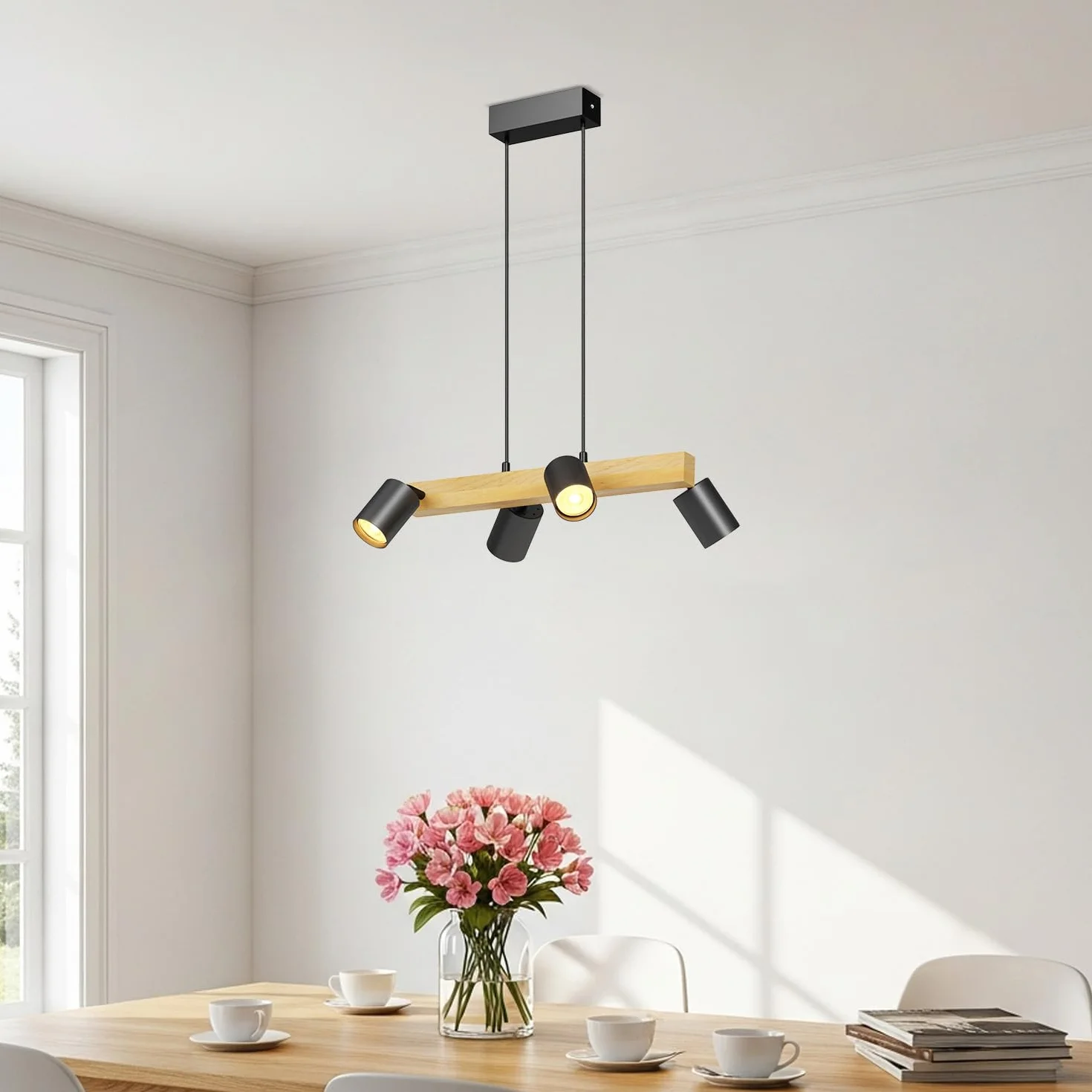 LVWIT Czarne lampy wiszące, lampy wyspowe do kuchni GU10, drewniane lampy sufitowe, lampa sufitowa do jadalni z 4 podstawami, salonu, sypialni, przedpokoju (bez żarówek)