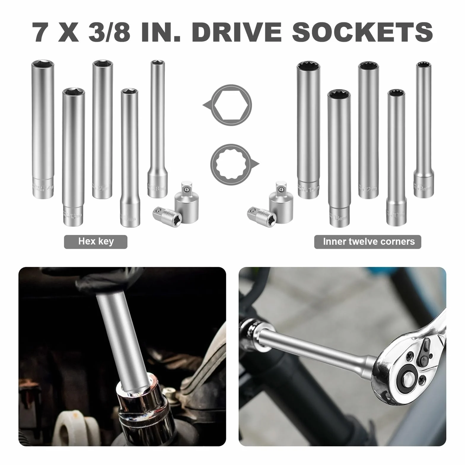 Zestaw nasadek udarowych 3/20.3 cm, głęboka nakrętka CRV z adapterem z grzechotką do klucza dynamometrycznego - 6-punktowe gniazda metryczne (7 szt. sześciokątne)