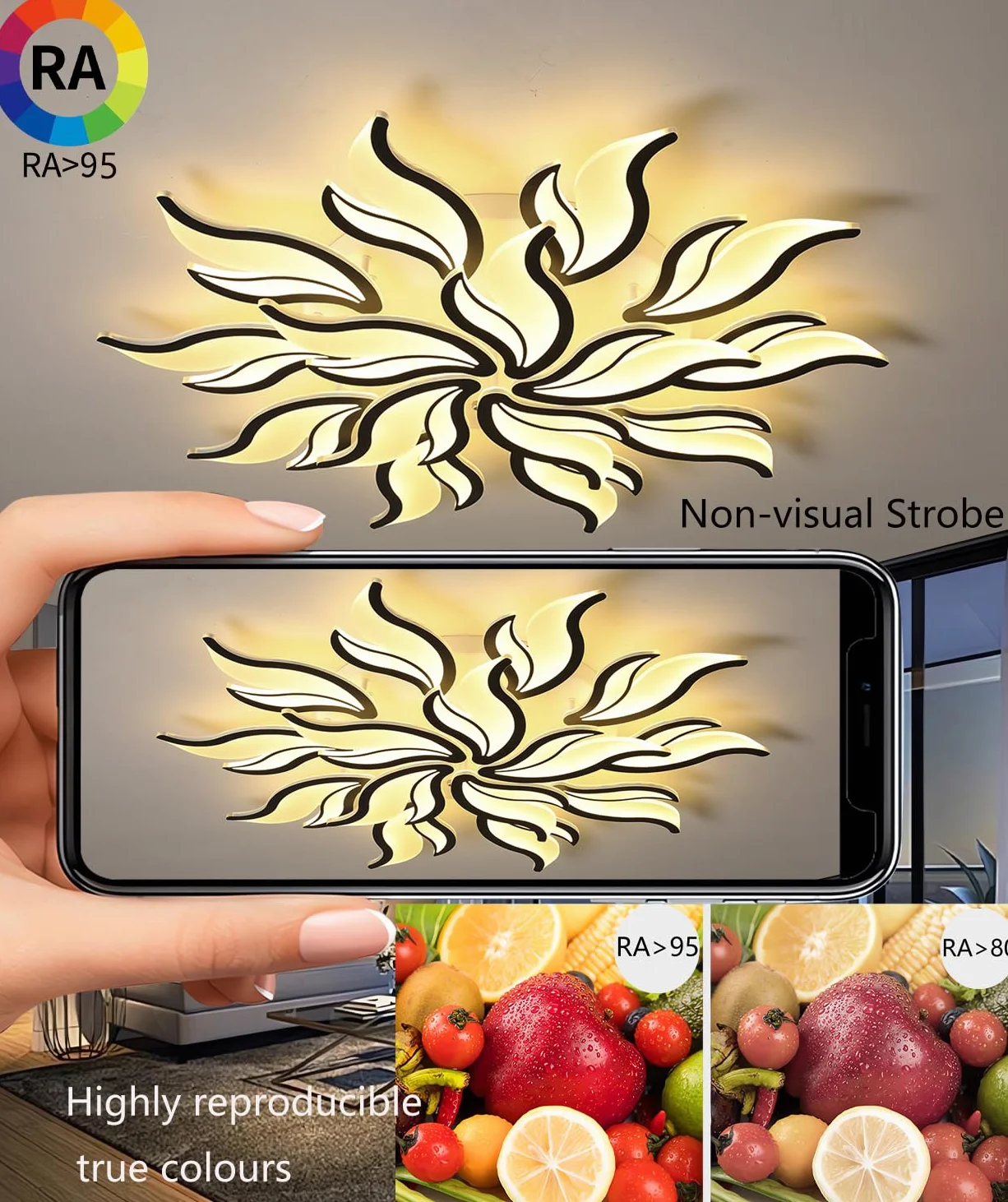 0W ściemnialna lampa sufitowa LED z pilotem zdalnego sterowania,czarna lampa sufitowa,nowoczesna oprawa oświetleniowa z 15 głowicami akrylowymi,100 cm,do salonu,sypialni,restauracji (Czarny, Φ100cm)