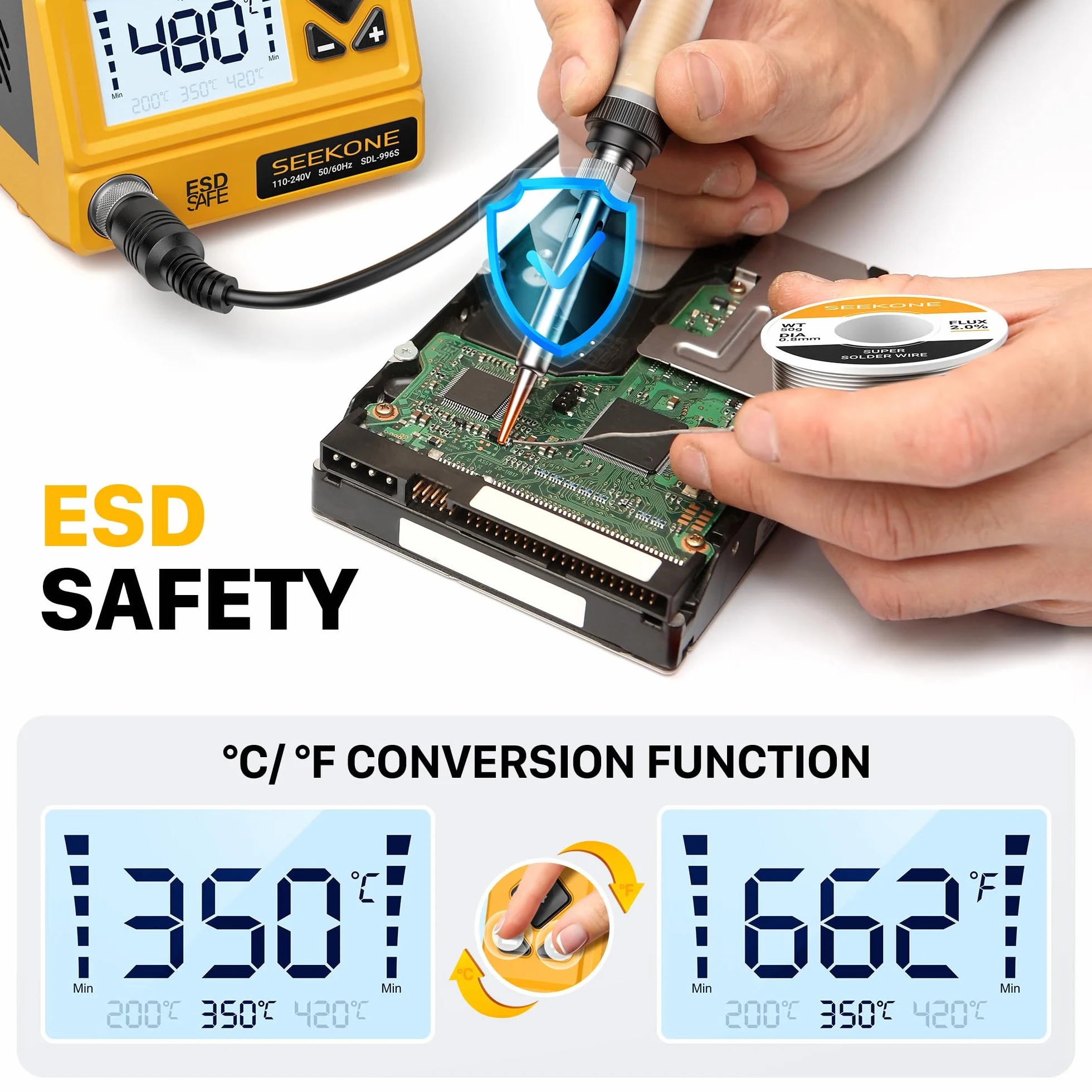 SEEKONE Stacja lutownicza 60 W, profesjonalna lutownica, regulowana temperatura 200℃-480℃ z wyświetlaczem LCD, cyfrowa stacja lutownicza z 5 grotami lutowniczymi, konwersja °C/°F, funkcja czuwania
