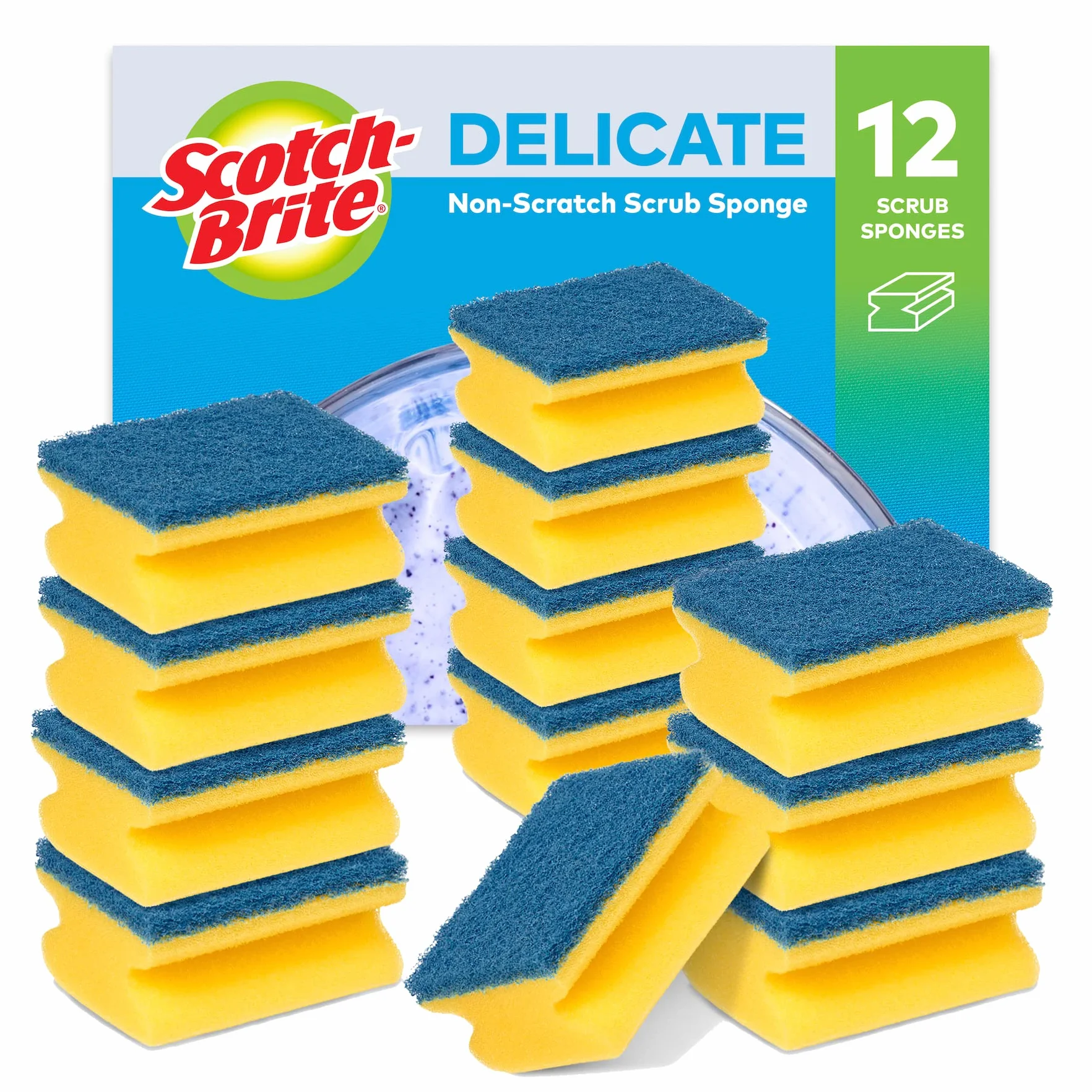 Scotch-Brite Delikatna gąbka bez zadrapań, 12 sztuk – idealna gąbka do mycia na co dzień, do użytku na nieprzywierających naczyniach kuchennych i szkle