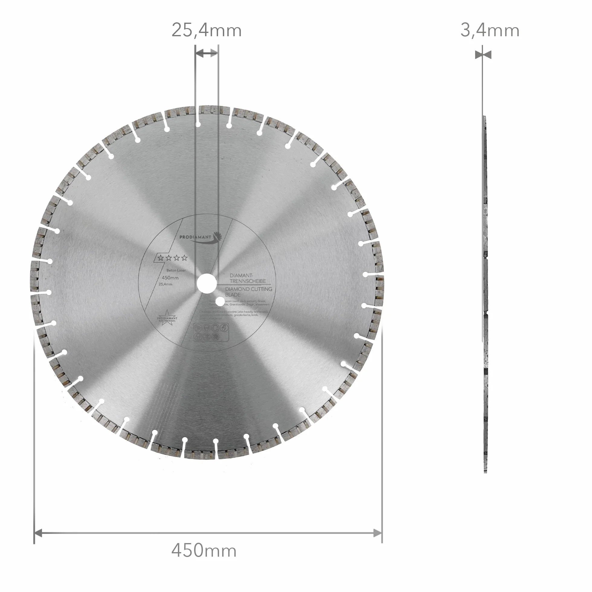 PRODIAMANT Diamentowa tarcza tnąca 450 mm x 25,4 do betonu żelbetowego, kamień i cegła, diamentowe segmenty turbo, spawane laserowo