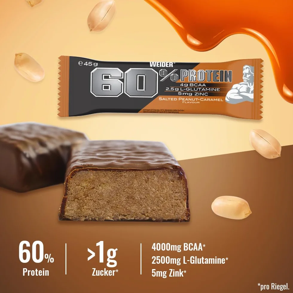 Weider 60% Protein Bar Karmelowy 45g x 24 Baton Proteinowy z L-glutaminą i BCAA