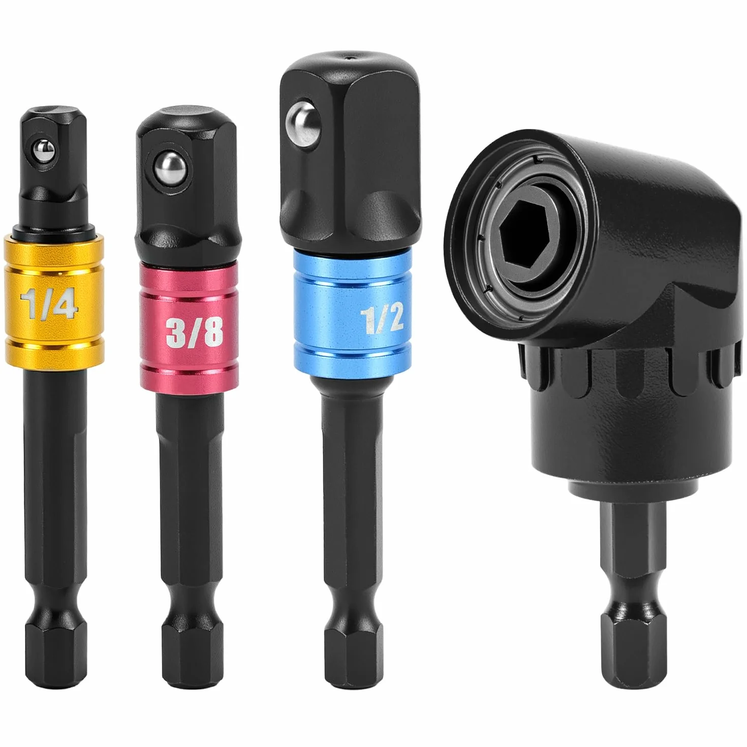 QWORK® Adapter do wkrętaka kątowego 105°, zestaw adapterów do gniazda udarowego, z 3-częściowym adapterem nasadowym 1/10.2 cm 3/20.3 cm 1/5.1 cm, czarny