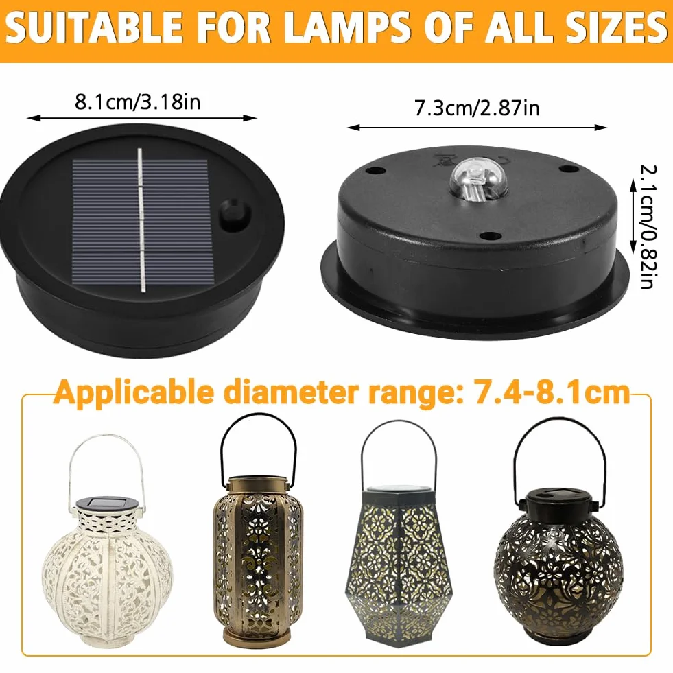 Joycabin 2 sztuki lamp solarnych, zamiennik, górna część 8 cm, z diodami LED, ciepła biel, pokrywa solarna, IP65, wodoszczelna skrzynka na baterie słoneczne, panel słoneczny, część zamienna do lamp