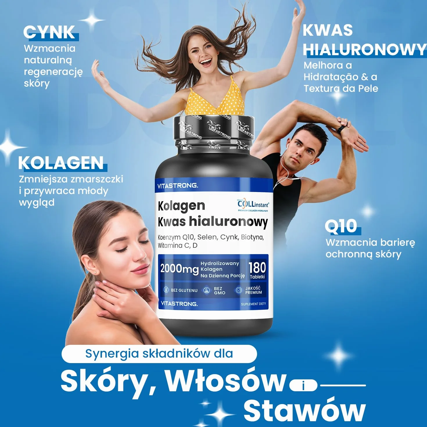 Hydrolizowany Kolagen 2000MG Vitastrong - COLLinstant® Kolagen i Kwas Hialuronowy z Biotyną, Koenzymem Q10, Cynkiem, Selenem, Witaminą C, Witaminą D - Skuteczna Formuła - Wysoka Jakość