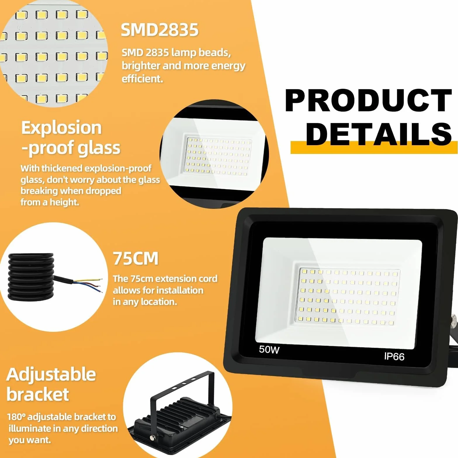 Reflektor LED zewnętrzny 50 W-IP66, wodoszczelny, 6000 K, 5000 lm, super jasny reflektor LED na podwórko, garaż, korytarz, do ogrodu