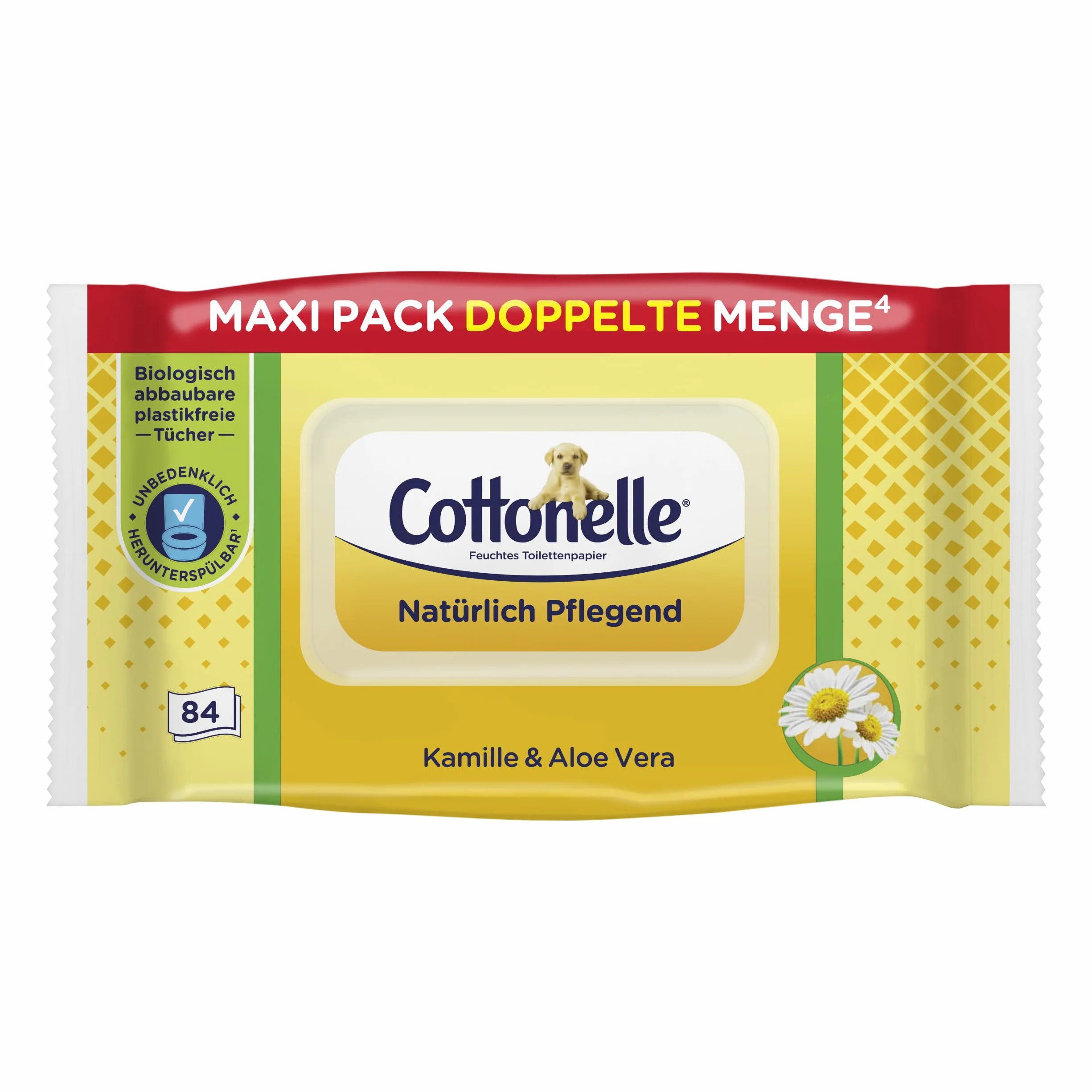 Cottonelle Wilgotny papier toaletowy, naturalnie pielęgnujący – rumianek i aloes, biodegradowalny, nie zawiera plastiku, możliwość ponownego zamknięcia, 1 x 84 chusteczki nawilżane (pojedyncze