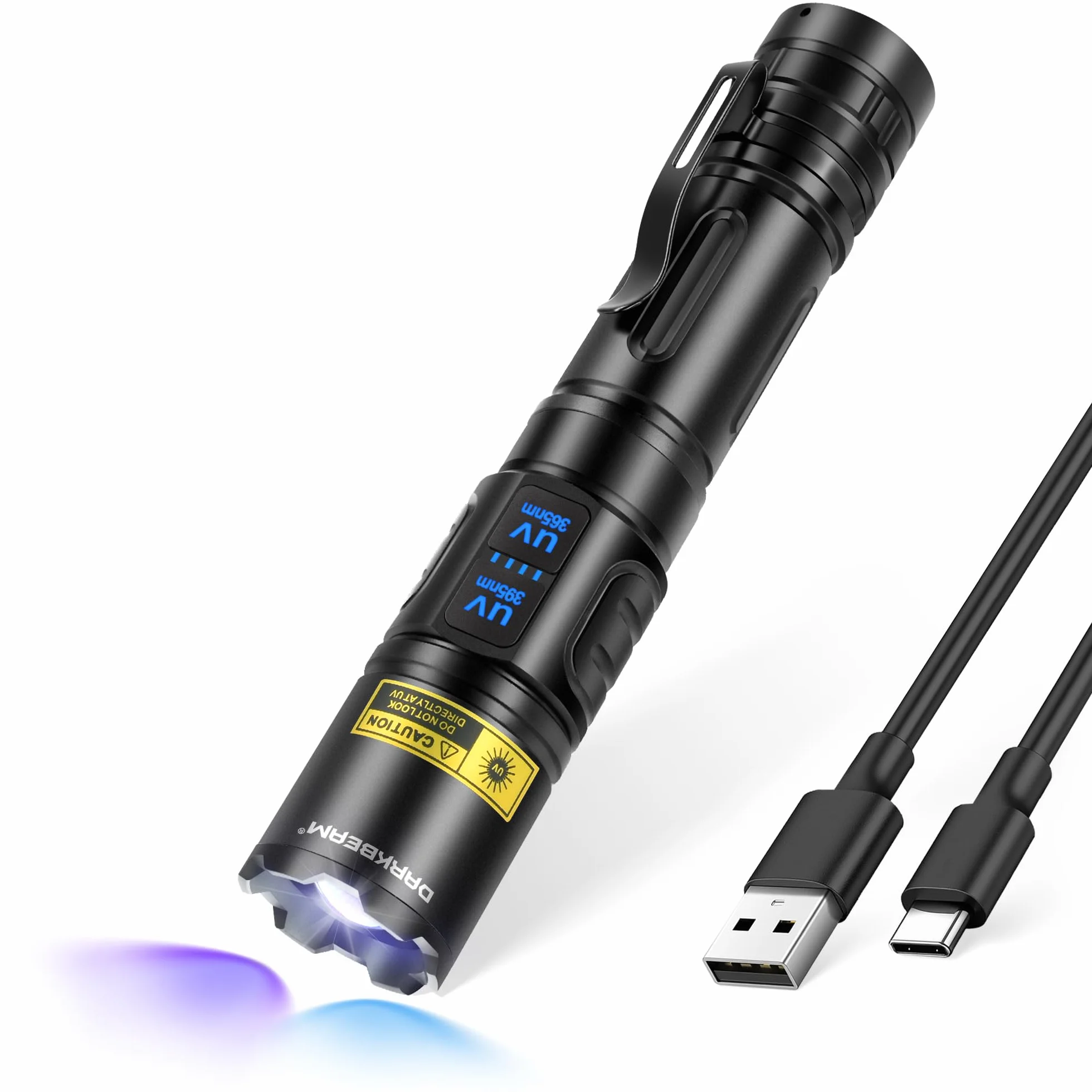 DARKBEAM Latarka UV Blacklight 365nm & 395nm Podwójne Czarne światło, Latarki LED USB ładowane Potężna Ultrafioletowe Woodsche Lampa moczu zwierząt domowych do szkła uranowego, utwardzania żywicy