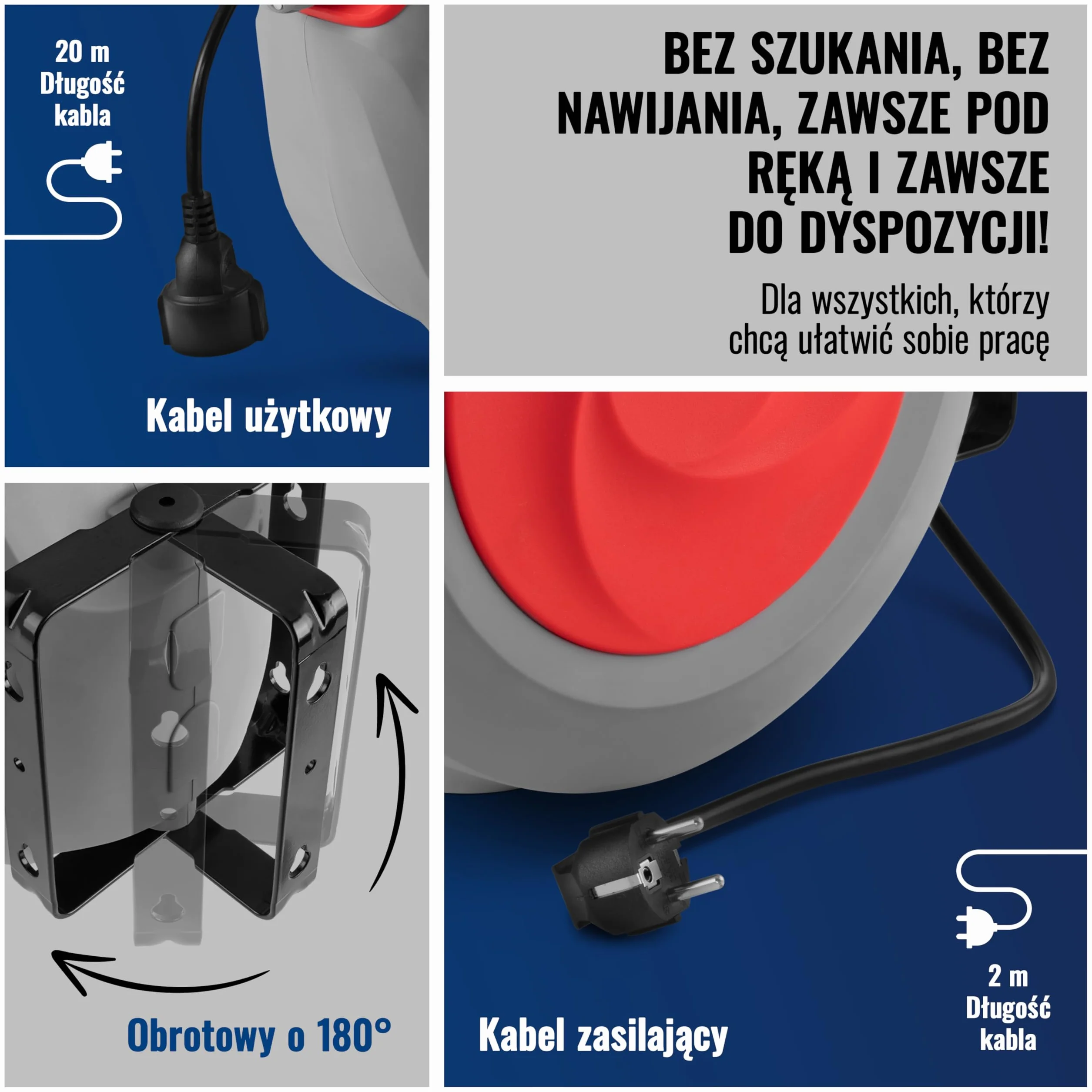 Poppstar kabel zwijany automatycznie na bębnie, dł.kabla: 20 m + 2 m (maks. 2500 W) automatyczny zwijacz kabla IP20, do montażu na ścianie i suficie