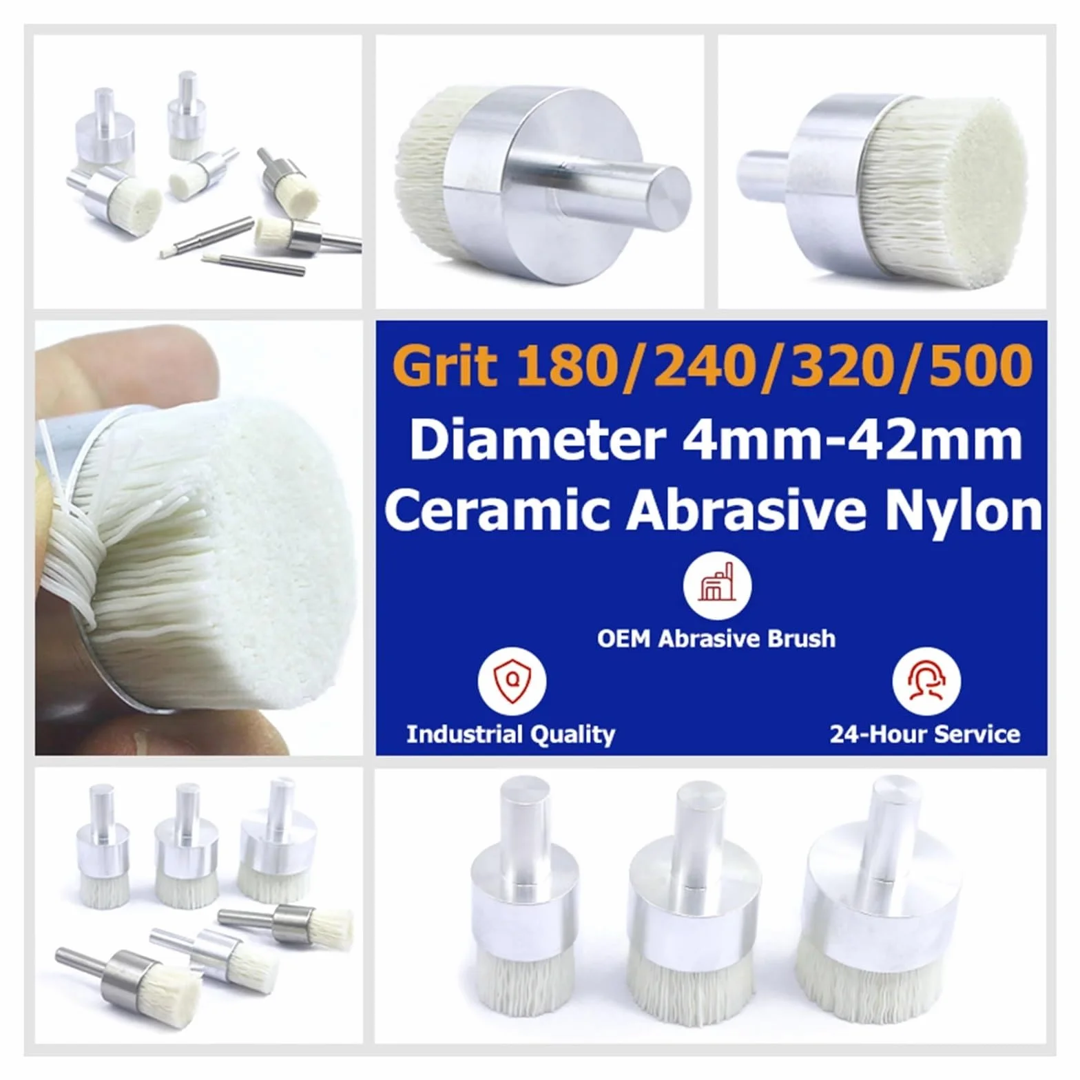 Nasadki szczotkowe do wiertarek, Zestaw szczotek garnkowych ceramicznych i nylonowych ze stali węglowej, 4–42 mm, ziarnistość 180–500, gratowanie. Polski(500Grit Diameter20mm)