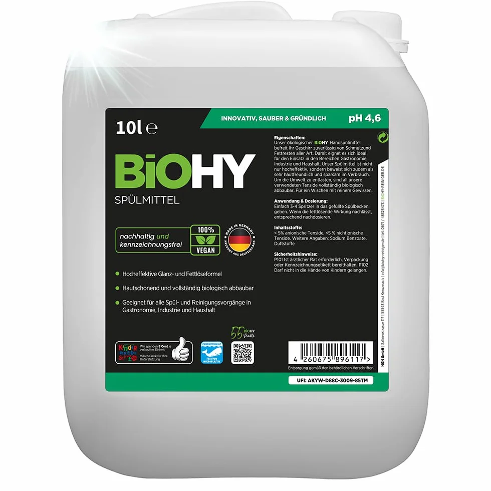 BiOHY Detergent do mycia naczyń (10l kanister) | Wolne od szkodliwych chemikaliów i biodegradowalne | Formuła nabłyszczająca i odtłuszczająca (Spülmittel)