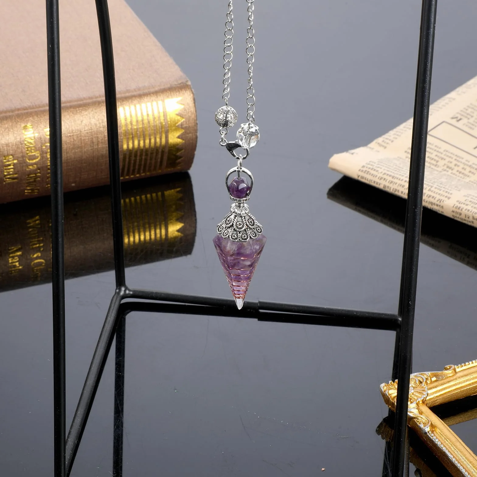 Qianyu Żywica, ametyst Pendulum, sześciokątny kamień szlachetny, wahadło, kryształ, kamienie lecznicze, ornamenty, stożek, wisiorek, łańcuszek do wróżby, ceremonii czarów, Reiki, uzdrawiania