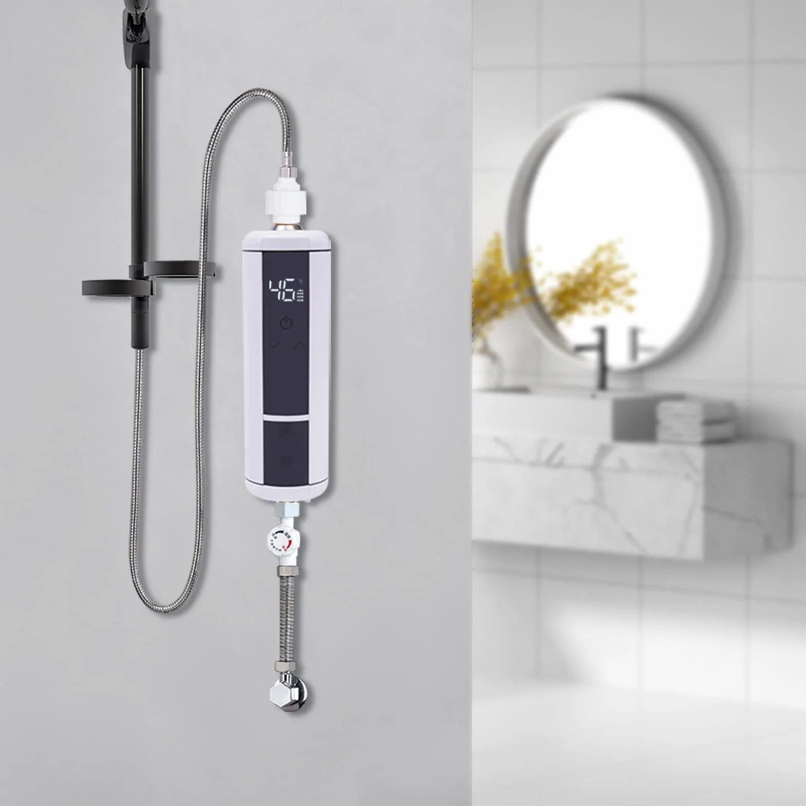 Mini podgrzewacz przepływowy, elektroniczny termostat, natychmiastowa gotowość do ciepłej wody 30-52℃, 3500 W, tworzywo ABS, ze wskaźnikiem temperatury LED, do łazienki, kuchni, biały