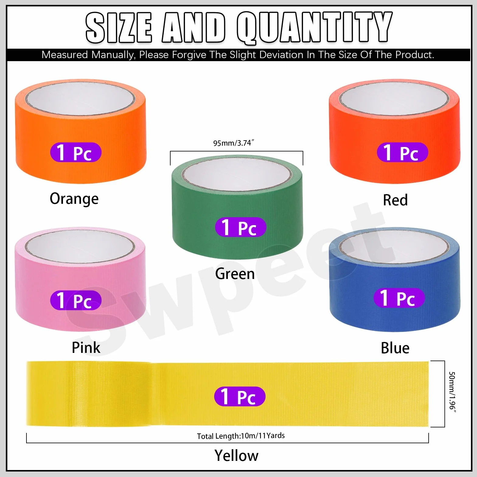 Swpeet 6 rolek w 6 kolorach, 2 cale x 11 jardów – zestaw wodoodpornych, kolorowych taśm typu duct tape w tęczowych barwach, mocnych, bez pozostawiania śladów, łatwych do ręcznego rozerwania – idealnyc