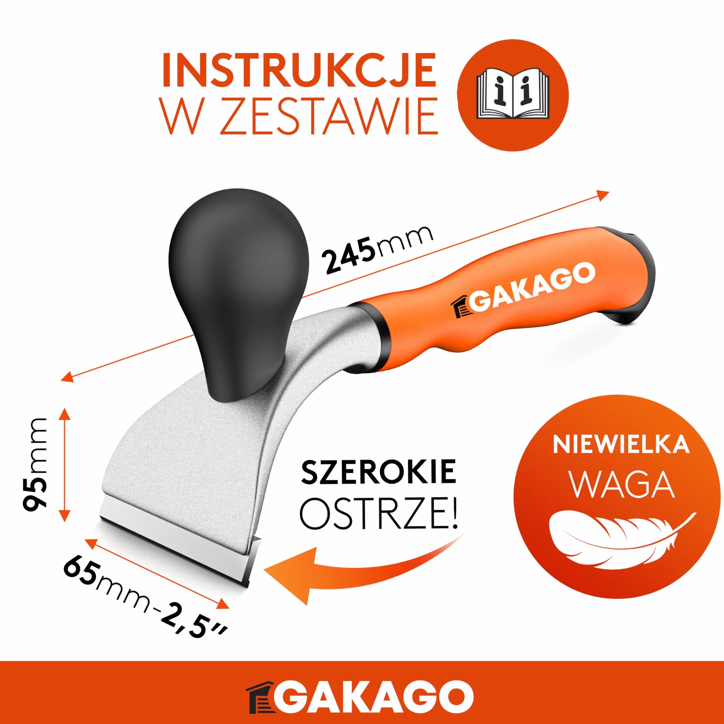 Gakago Skrobak - Wysokiej jakości 65mm ostrze skrobaka wykonane z trwałego węglika wolframu - Ergonomiczny i antypoślizgowy uniwersalny skrobak do drewna, metalu, betonu lub kamienia
