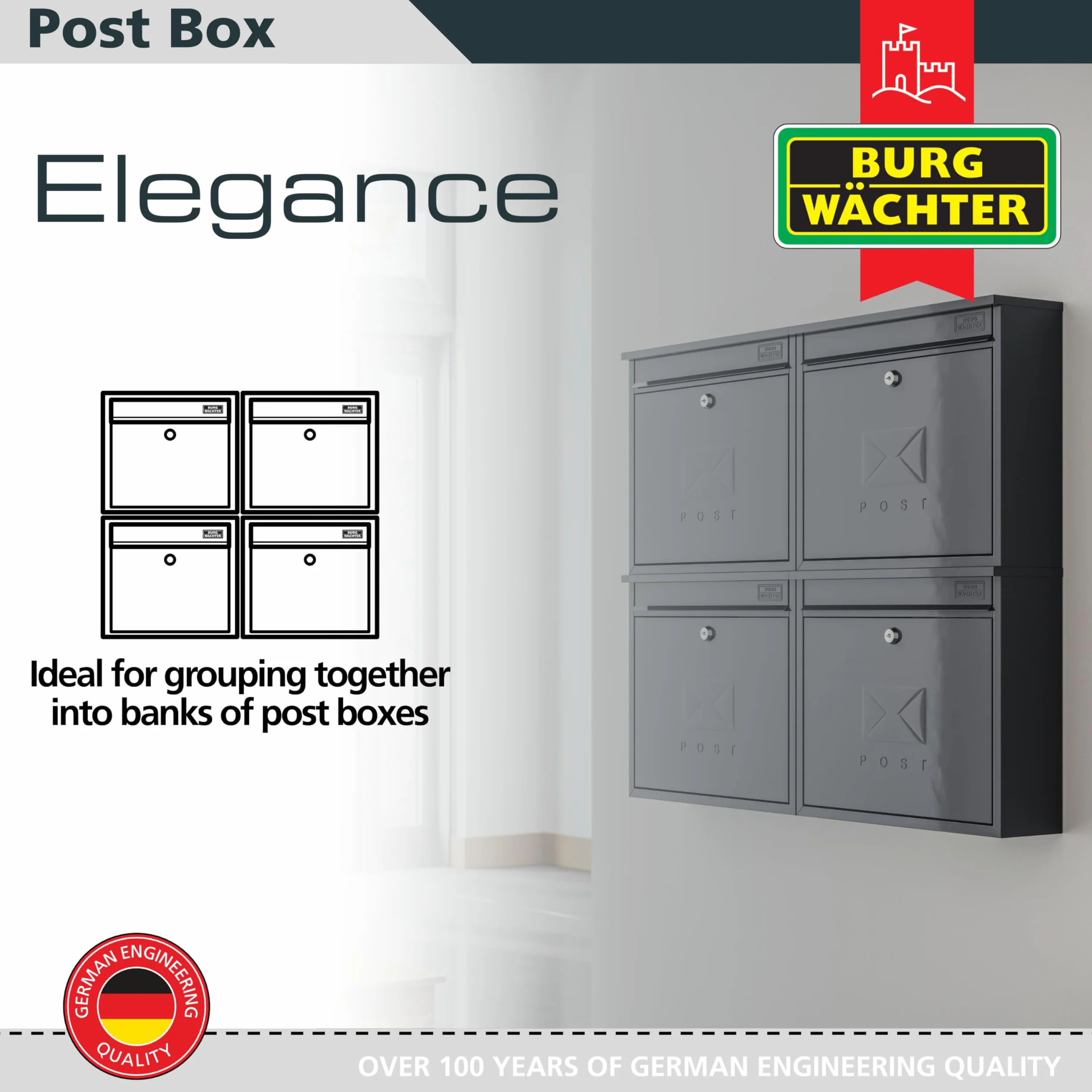 Burg-Wachter MB02 biała elegancka naścienna ocynkowana stal, zamykana, odporna na warunki atmosferyczne skrzynka pocztowa - 36 x 31 x 10 cm