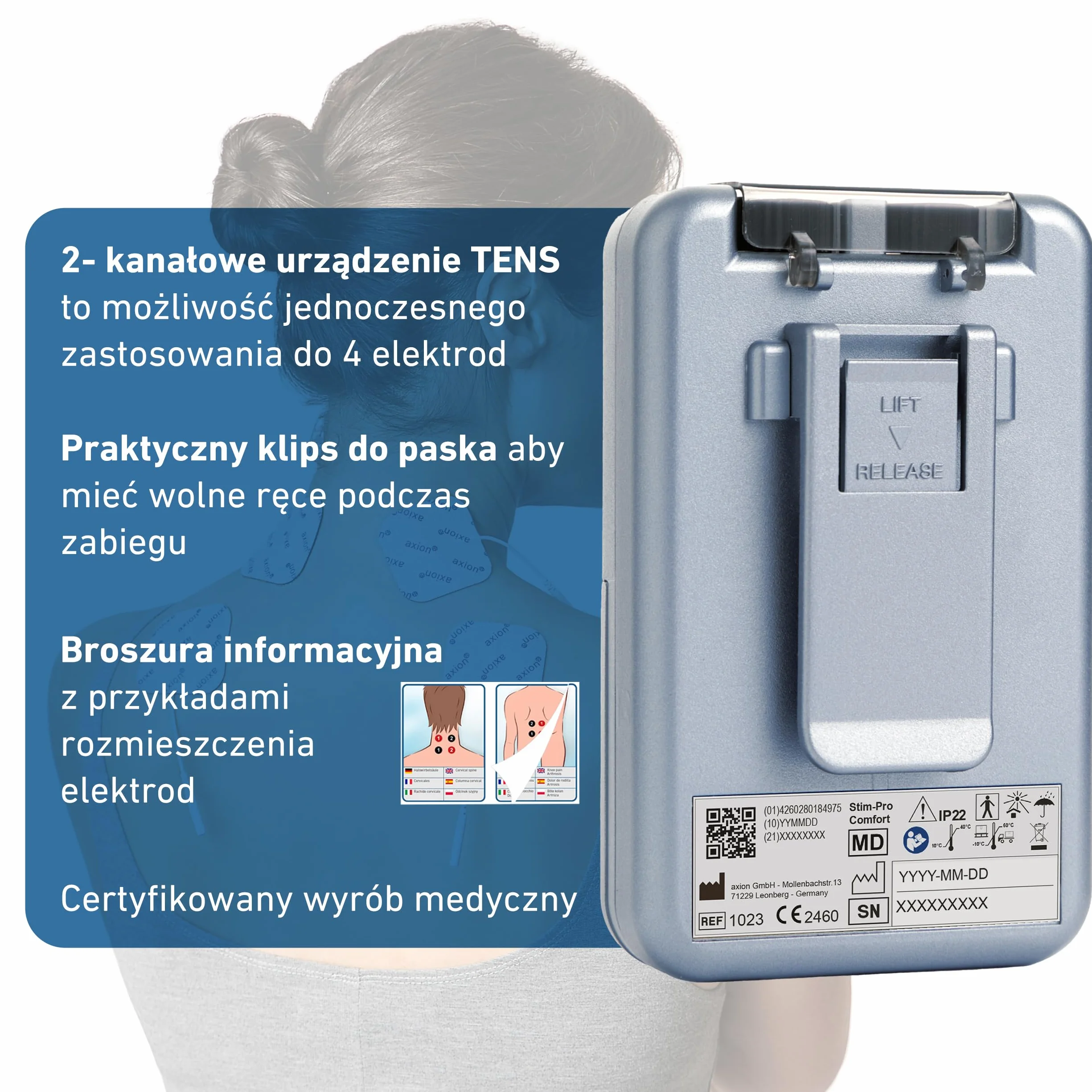 2 kanałowy elektrostymulator tens STIM-PRO Comfort z 4 elektrodami żelowymi