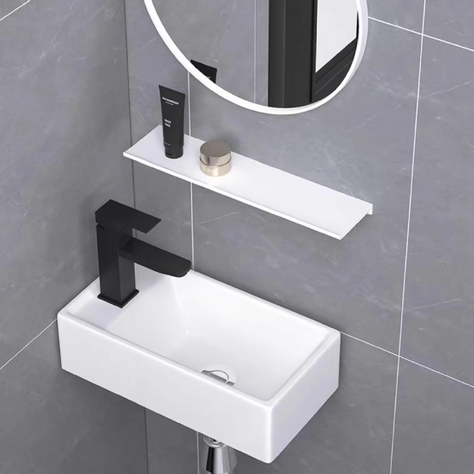 Ceramiczny narożny uchwyt ścienny mini zlew łazienkowy prostokątny design do garażu na balkon - oszczędzająca miejsce umywalka prawa ręka do małych przestrzeni