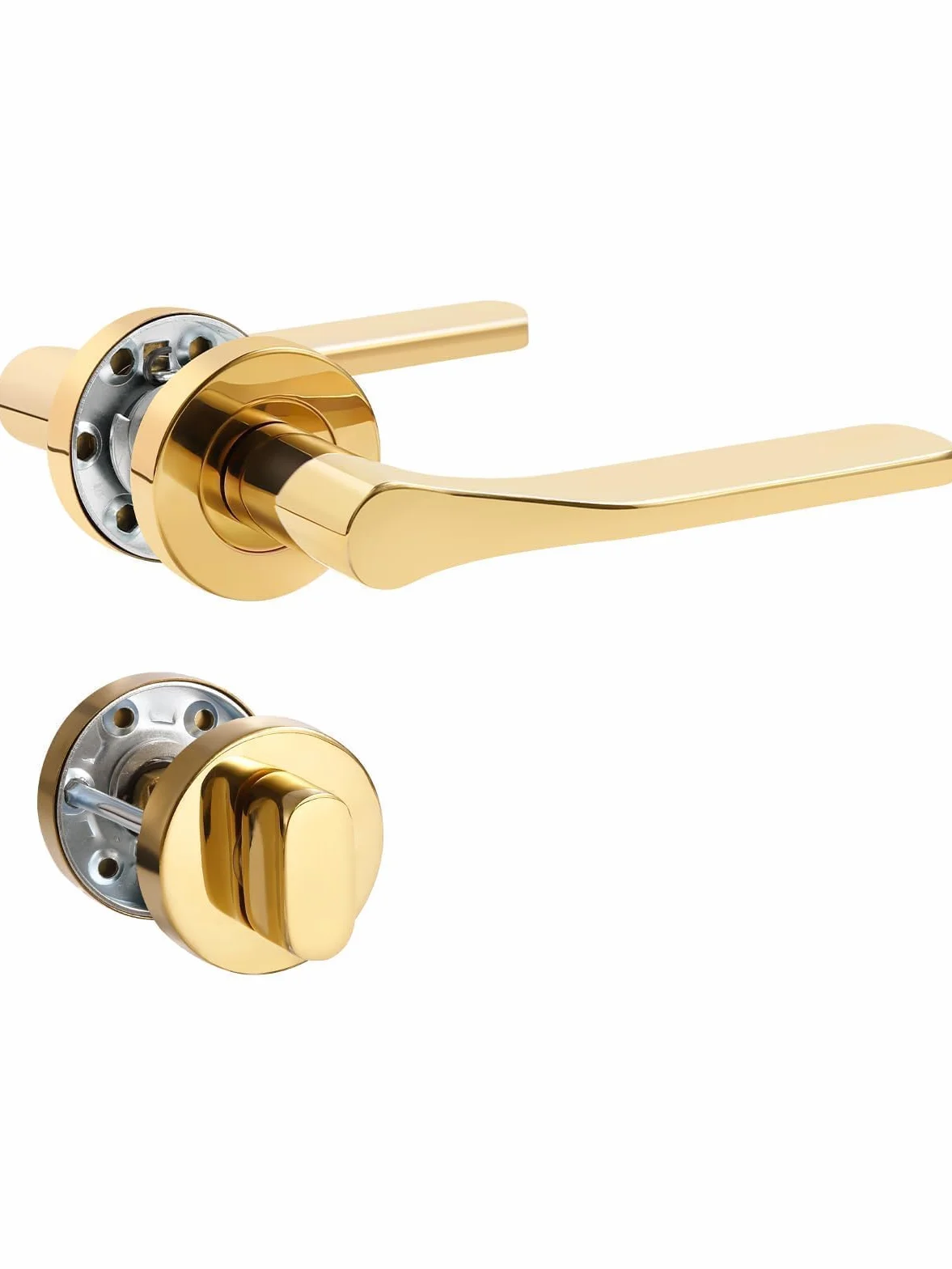 Klamka do drzwi Pvd Gold Drücker zestaw, stal nierdzewna, matowa klamka do drzwi zewnętrznych i wewnętrznych drzwi, w kształcie litery L, okrągła rozeta, WC