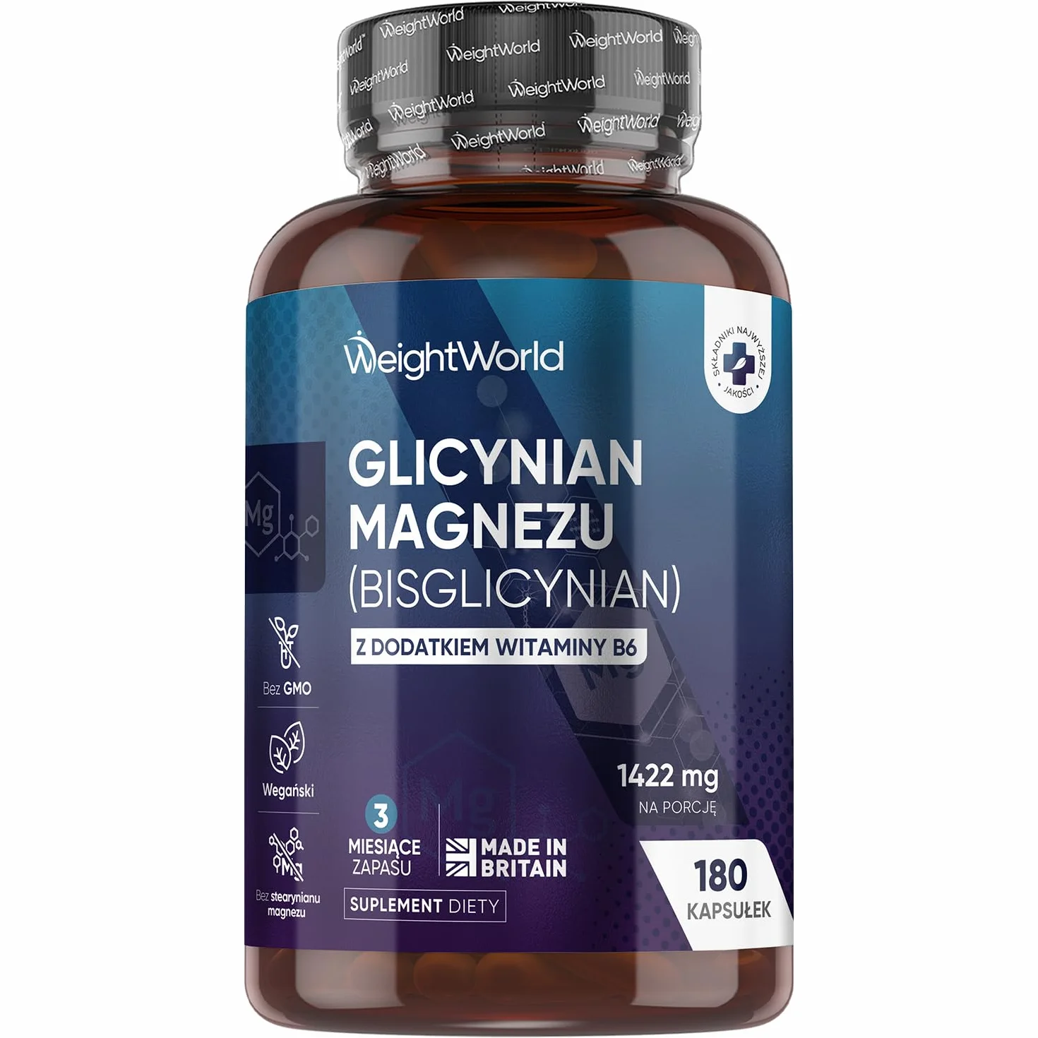 Glicynian magnezu 1422 mg z witaminą B6 – 180 kapsułek wegańskich dostarczających 200 mg czystego magnezu – zapas na 3 miesiące w jednym opakowaniu, bez GMO i stearynianu magnezu.