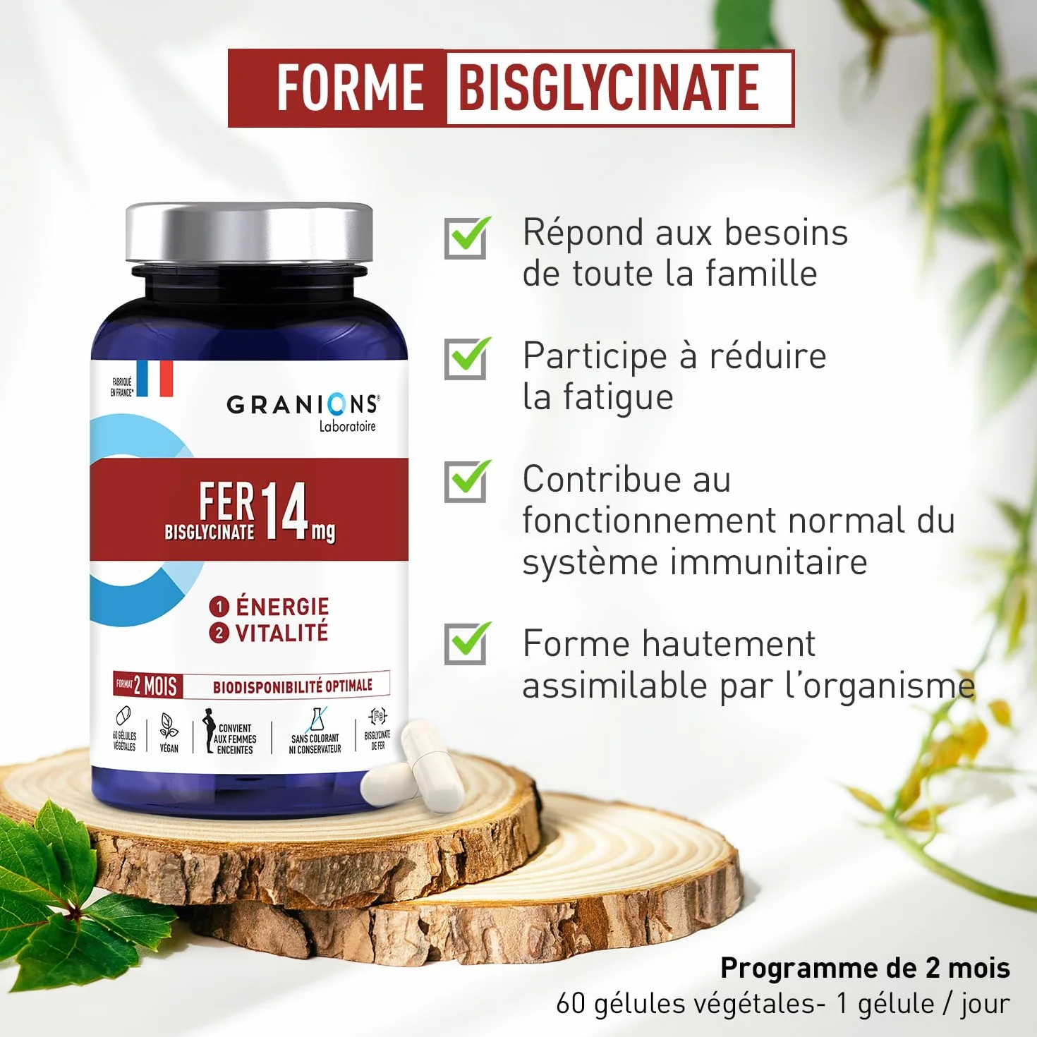 Bisglycinate żelaza 14 mg + Witamina B | Energia i witalność | 100% zalecanego spożycia | Optymalna biodostępność | Kobiety w ciąży | 60 kapsułek = 2 miesiące | Granions