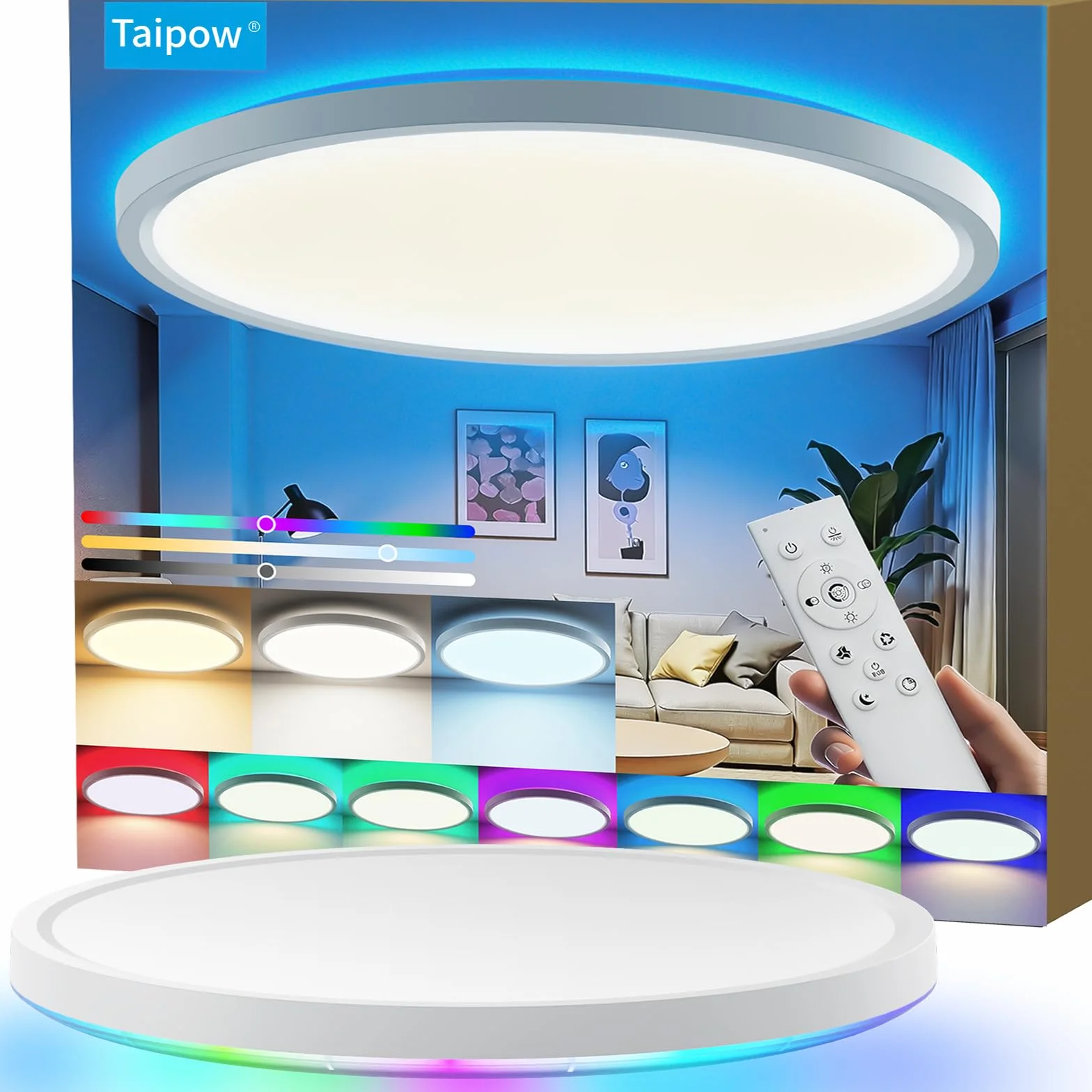 Lampa Sufitowa LED, Lampa Sufitowa 24W 2160LM z Pilotem Zdalnego Sterowania, 3000K-6500K 7 RGB Kolor Okrągła Cienka Nowoczesna Lampa Sufitowa do Sypialni Kuchni Biura łazienki Salonu - Ø 30cm