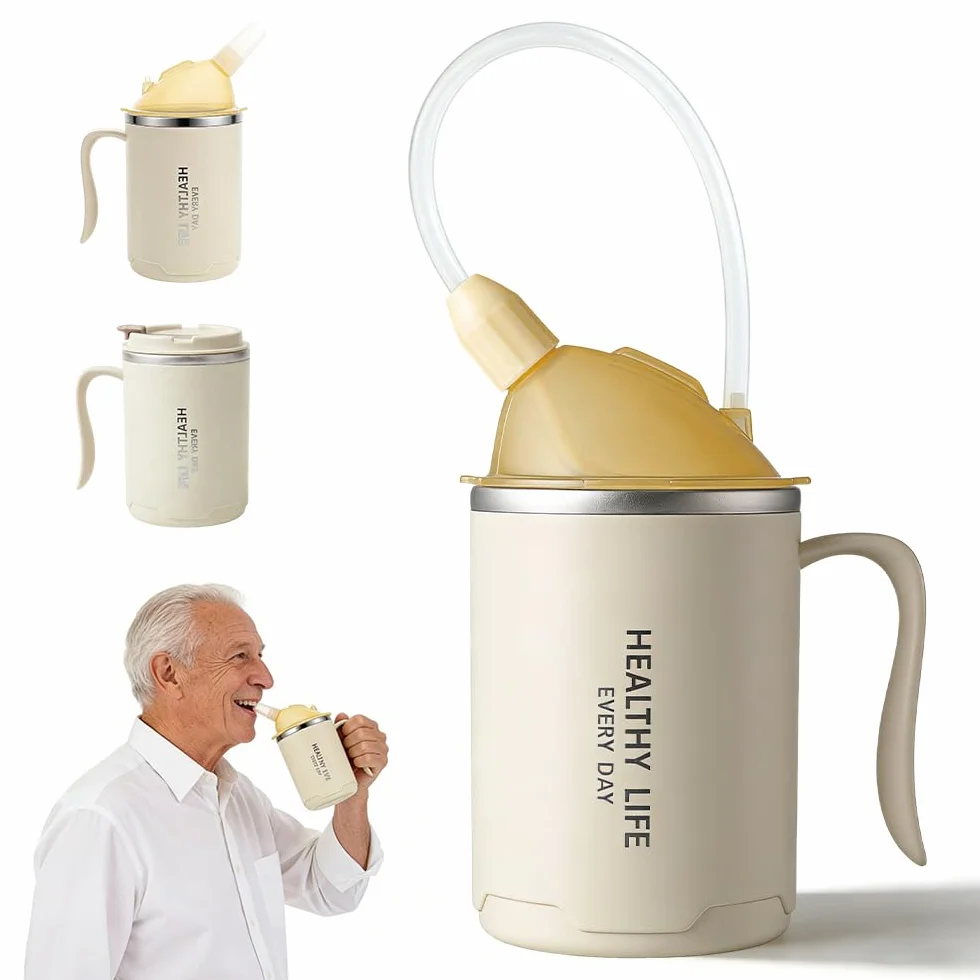 Kubek z ustnikiem dla seniorów 3 w 1 400 ml ze słomką 30 cm i pokrywką biały