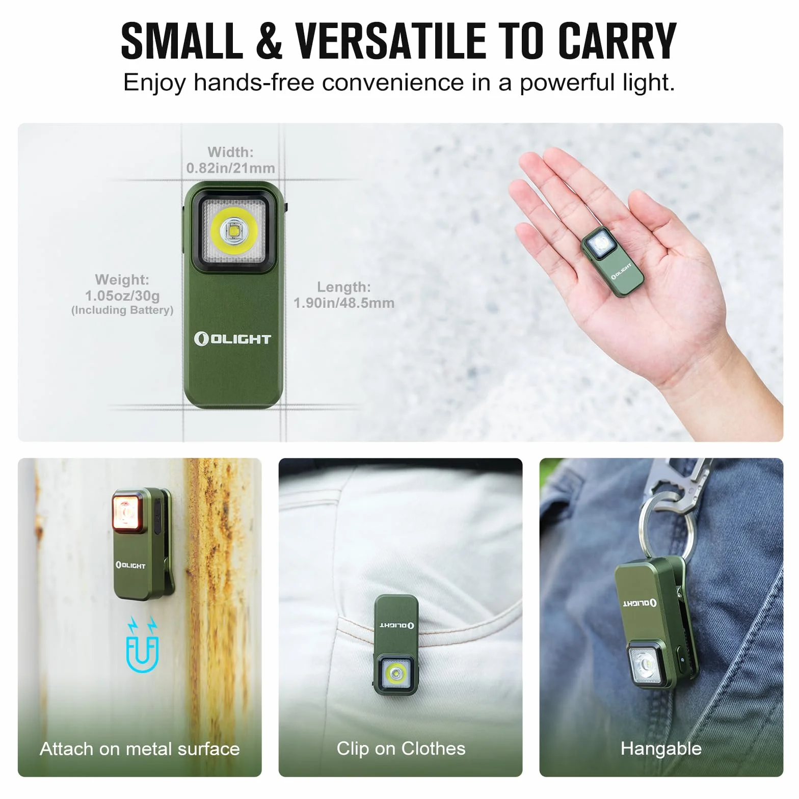 OLIGHT Oclip Mini latarka LED z czerwonym światłem, 300LM jasna latarka USB-C, lampa klipu IPX5 i 1.6m małe migające światło do kempingu i ostrzeżeń bezpieczeństwa(Zieleń wojskowa)