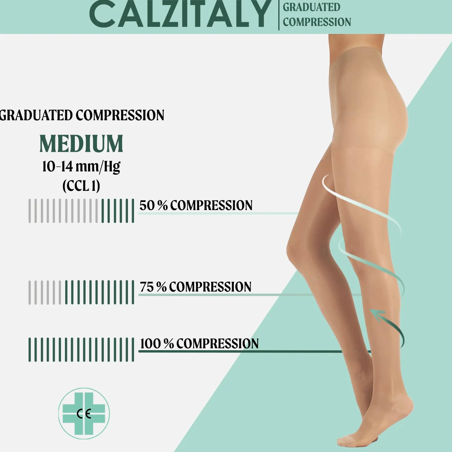 CALZITALY Damskie rajstopy medyczne | 10-14 Mmhg stopniowane rajstopy kompresyjne | 140 Den | czarne, skóra | wyprodukowano we Włoszech |