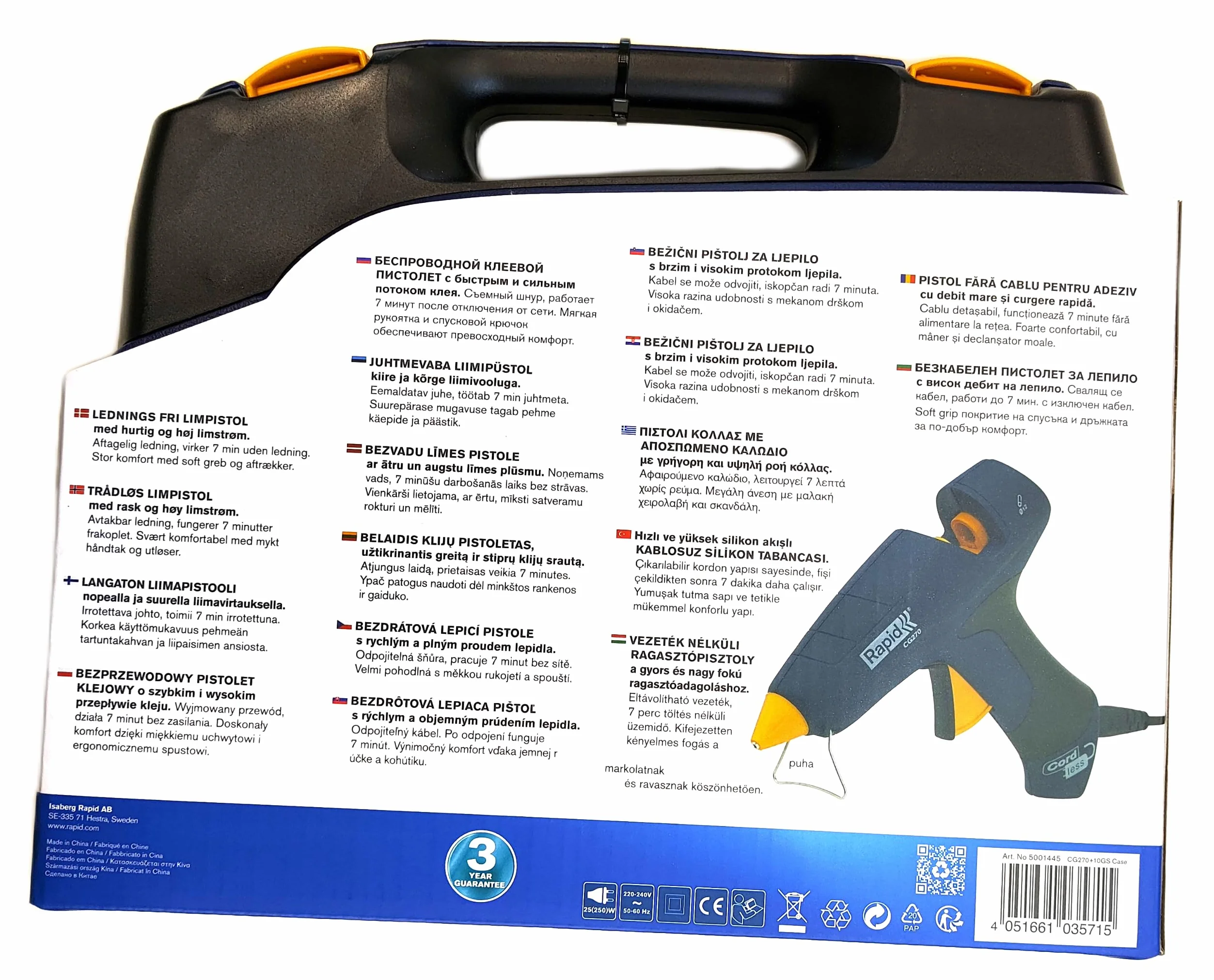 Rapid CG270 pistolet do klejenia na gorąco z odłączanym kablem – zestaw 10 wkładów do kleju i walizka – do majsterkowania, naprawy; przepływ kleju 400 g/h – do 12 mm