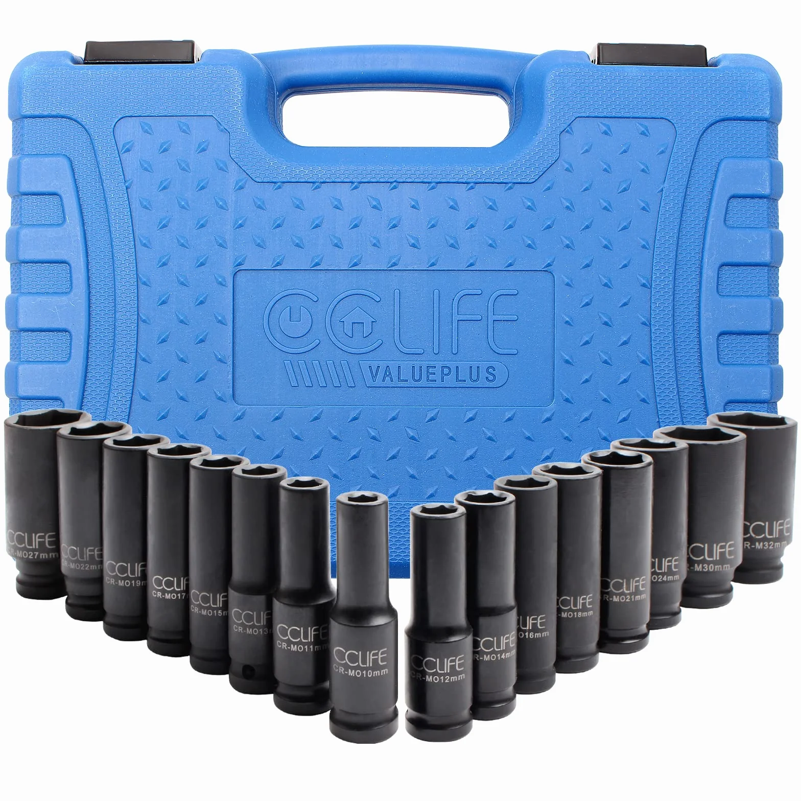 CCLIFE Zestaw nasadek udarowych, głębokie nasadki udarowe 1/2" sześciokątne metryczne 10-32 mm, 16 sztuk