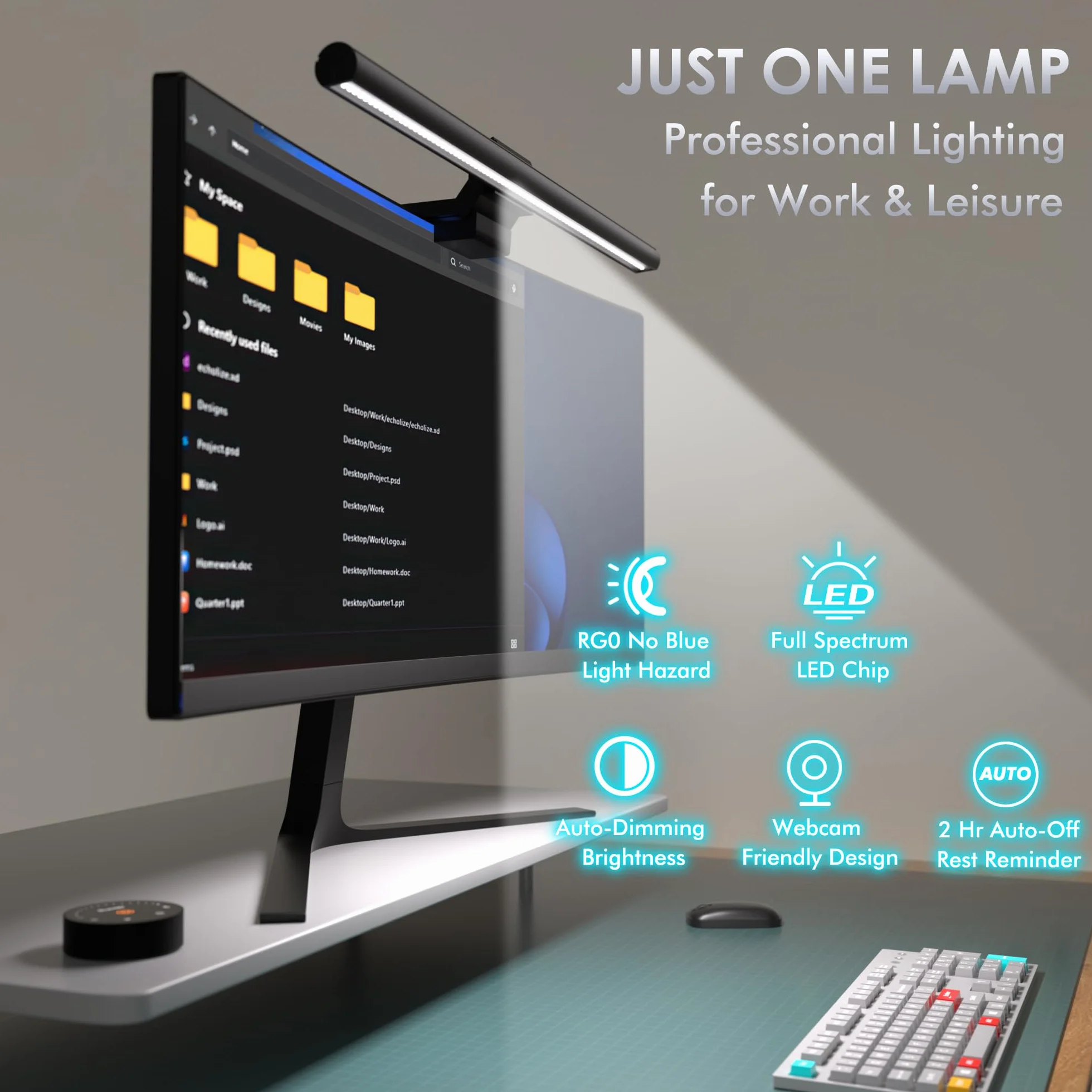 Quntis 42,5 cm Lampa Monitora z Podświetleniem, Pilot, Automatyczne Ściemnianie, Zakrzywiona Listwa Oświetleniowa