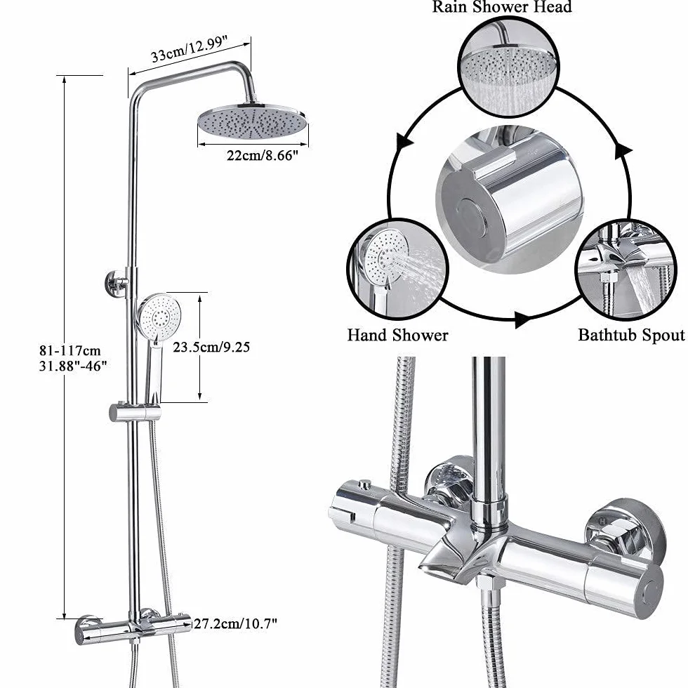 System prysznicowy Bateria łazienkowa Chrome Deszczownica Głowica termostatyczna do wanny Ścienna wanna Prysznic Mixer Tap Bateria prysznicowa Zestaw prysznicowy, termostatyczny chrom