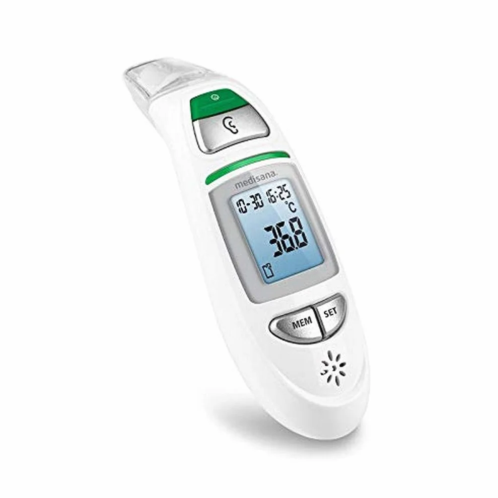 Medisana TM 750 Wielofunkcyjny Cyfrowy Termometr Kliniczny 6w1, Czołowy i Douszny dla Niemowląt, Dzieci i Dorosłych, Wizualny Alarm Gorączki, Funkcja Pamięci i Pomiaru Płynów, Biały